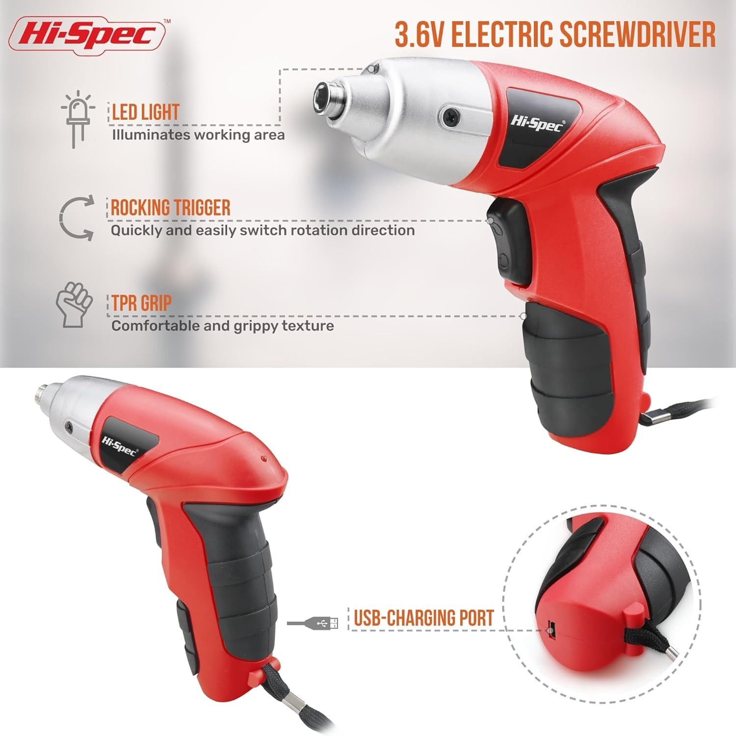 Hi-Spec 3.6V Cordless Electric Screwdriver Set w/ 26 Bits Mini Drill