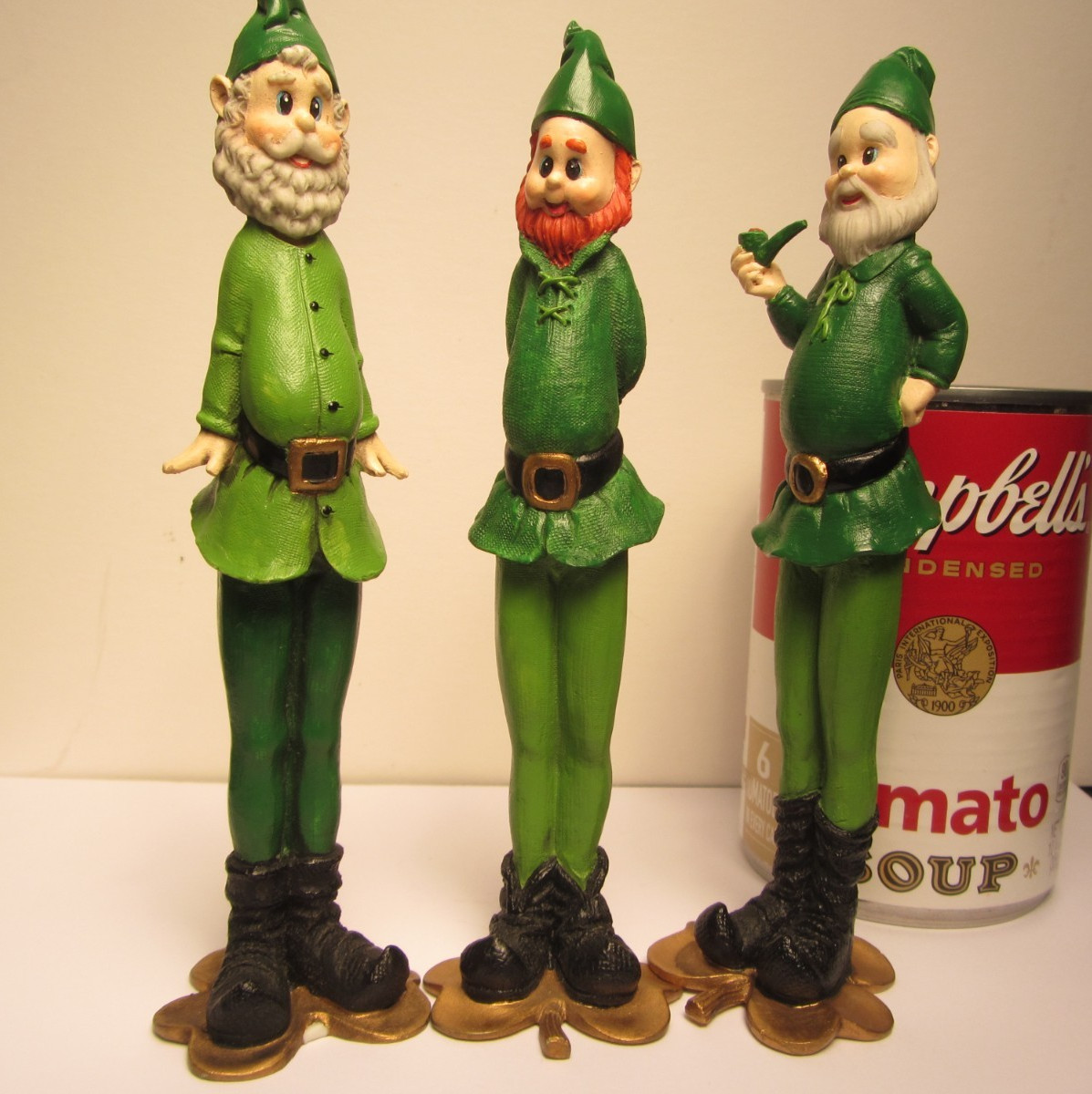 3 Enesco – 6″ TALL FIGURINES Leprechauns Slender Green Elves Gold Shamrock Base