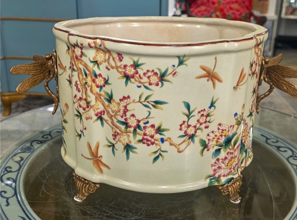 Porcelain Oval Planter with Ormolu Dragonfly Handles-Floral Vine-14” x 8”H