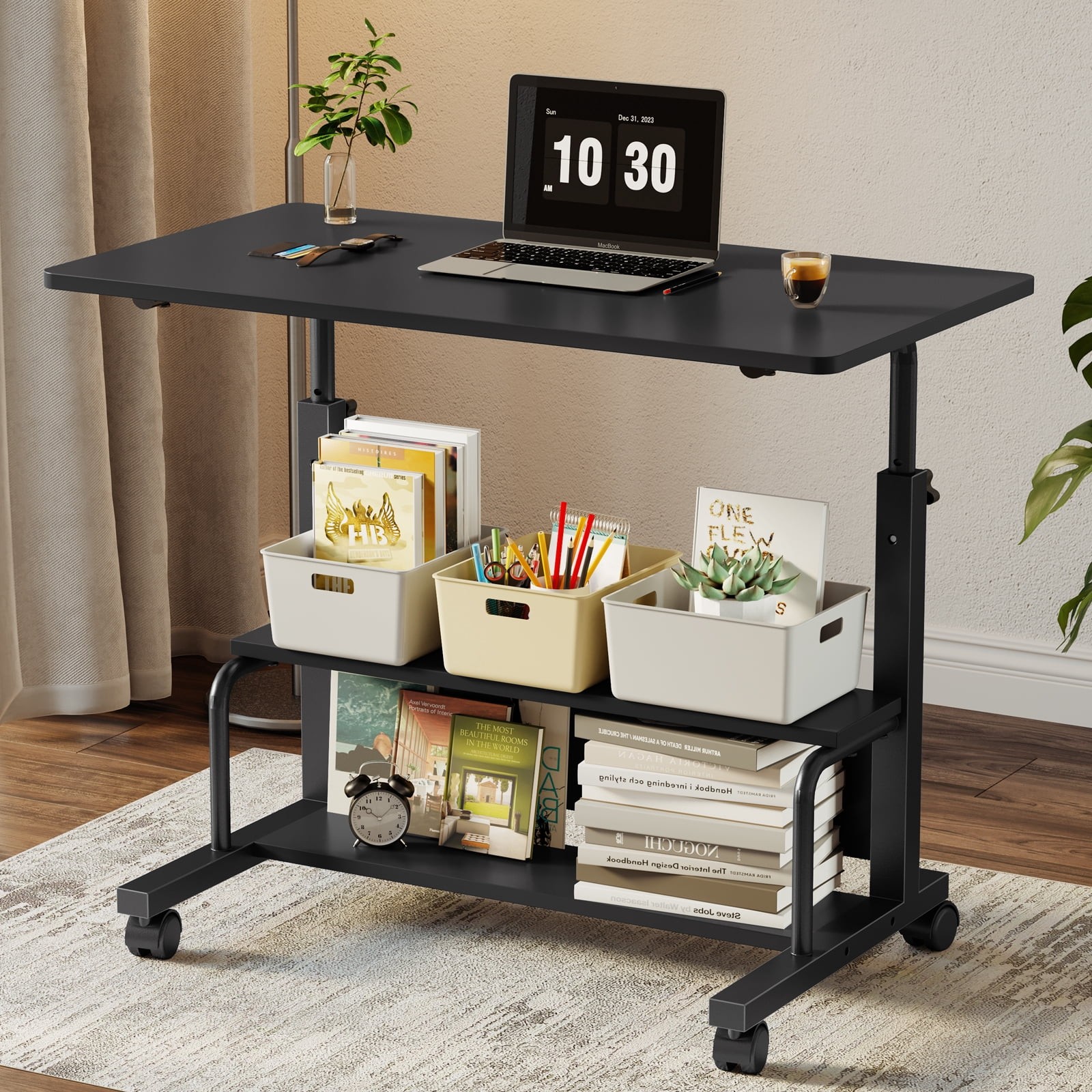 Black Height Adjustable Rolling Standing DeskSmall Space Home Office Study Table