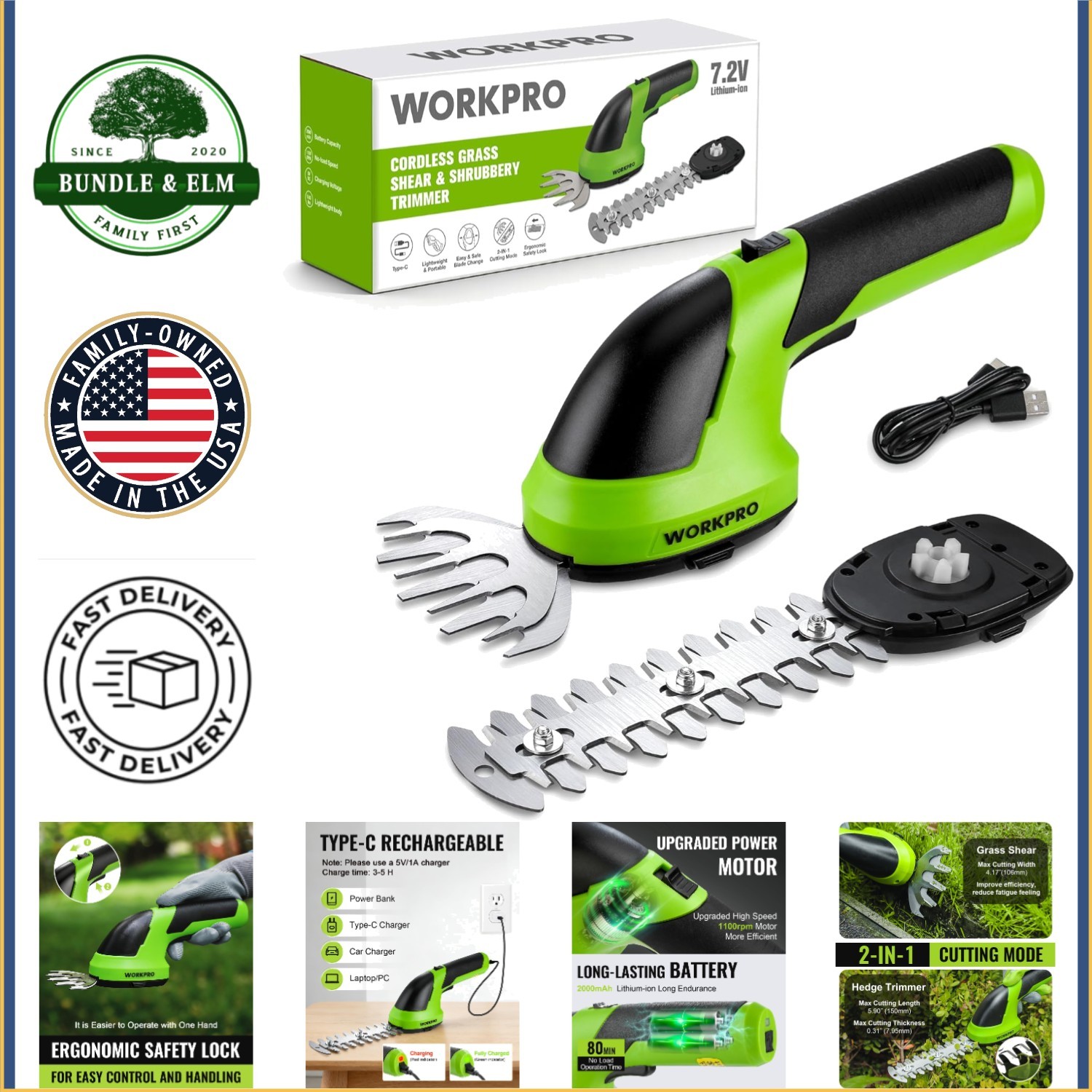 Cordless Grass Shear and Shrub Trimmer with Rechargeable Lithium-Ion Battery