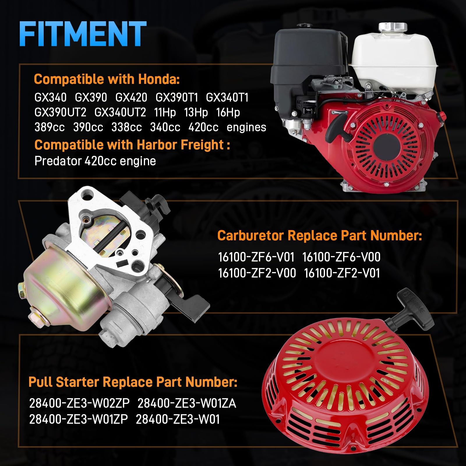 Carburetor Kit For Honda GX340 GX390 GX420 Engine 11HP 13HP 16Hp Recoil Starter