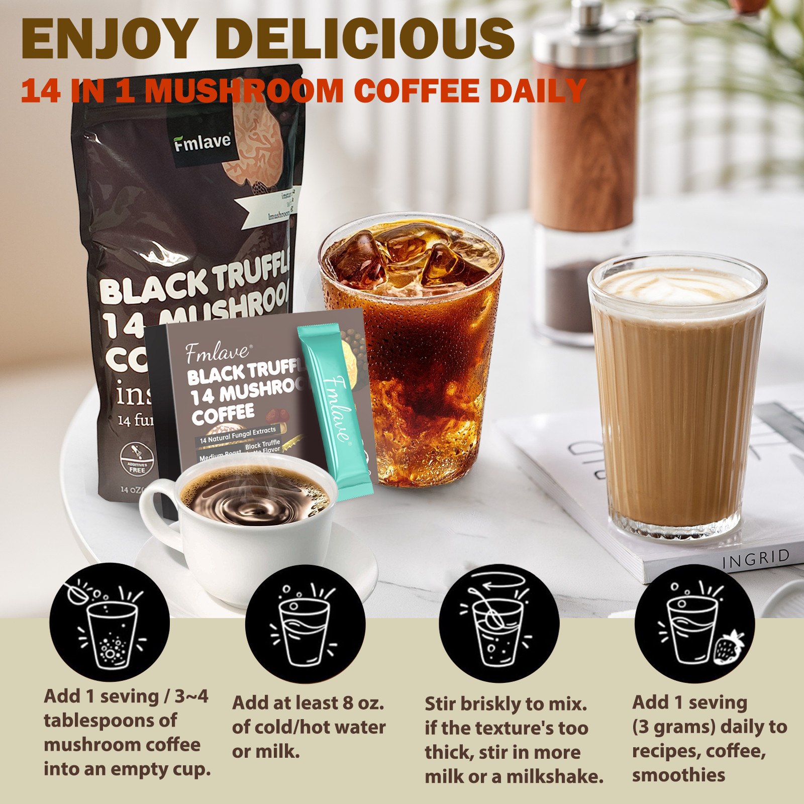 Organic Mushroom Coffee Instant Coffee, 14 Mushroom Extract Energy & Brain Boost