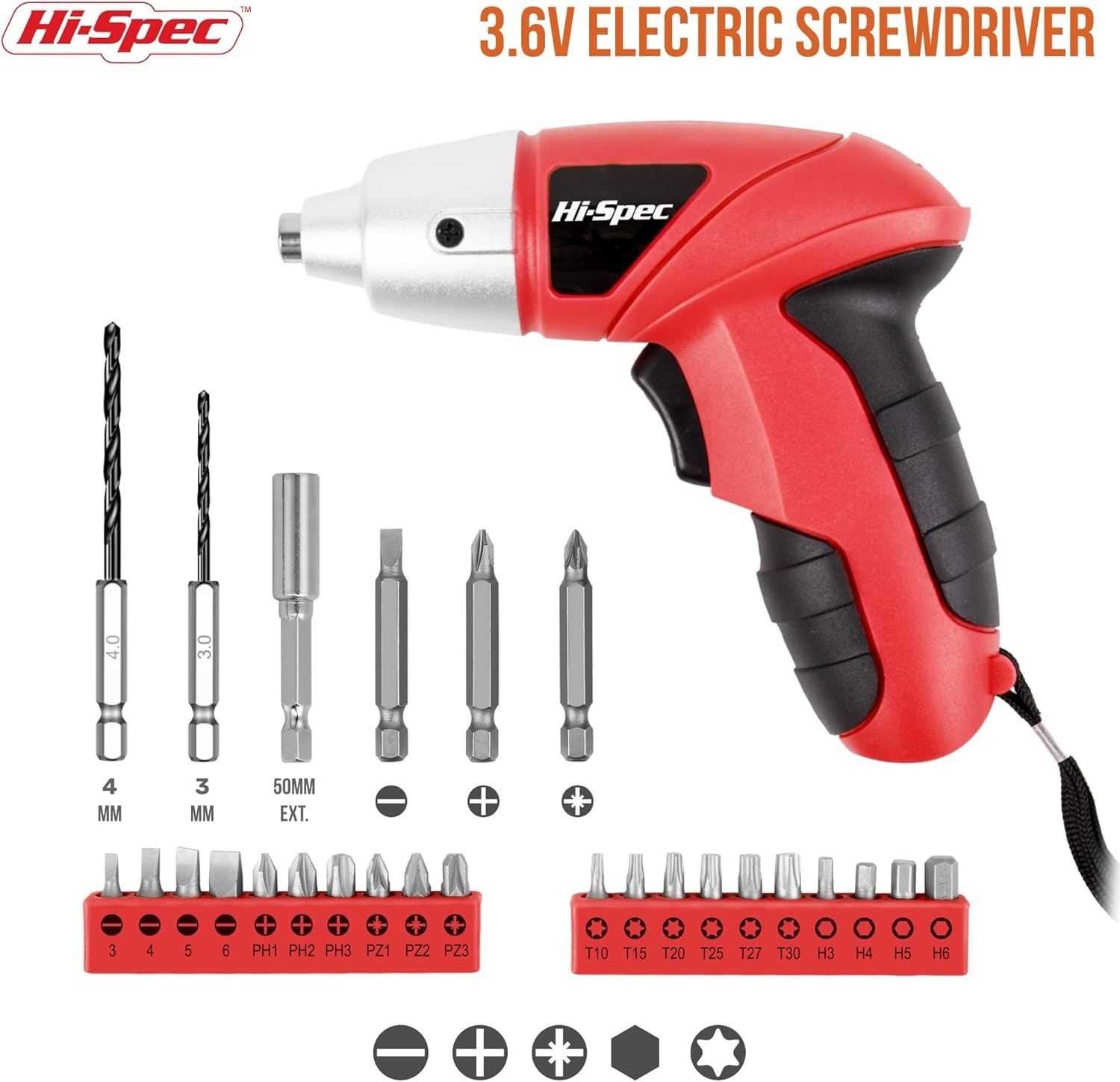 Hi-Spec 3.6V Cordless Electric Screwdriver Set w/ 26 Bits Mini Drill