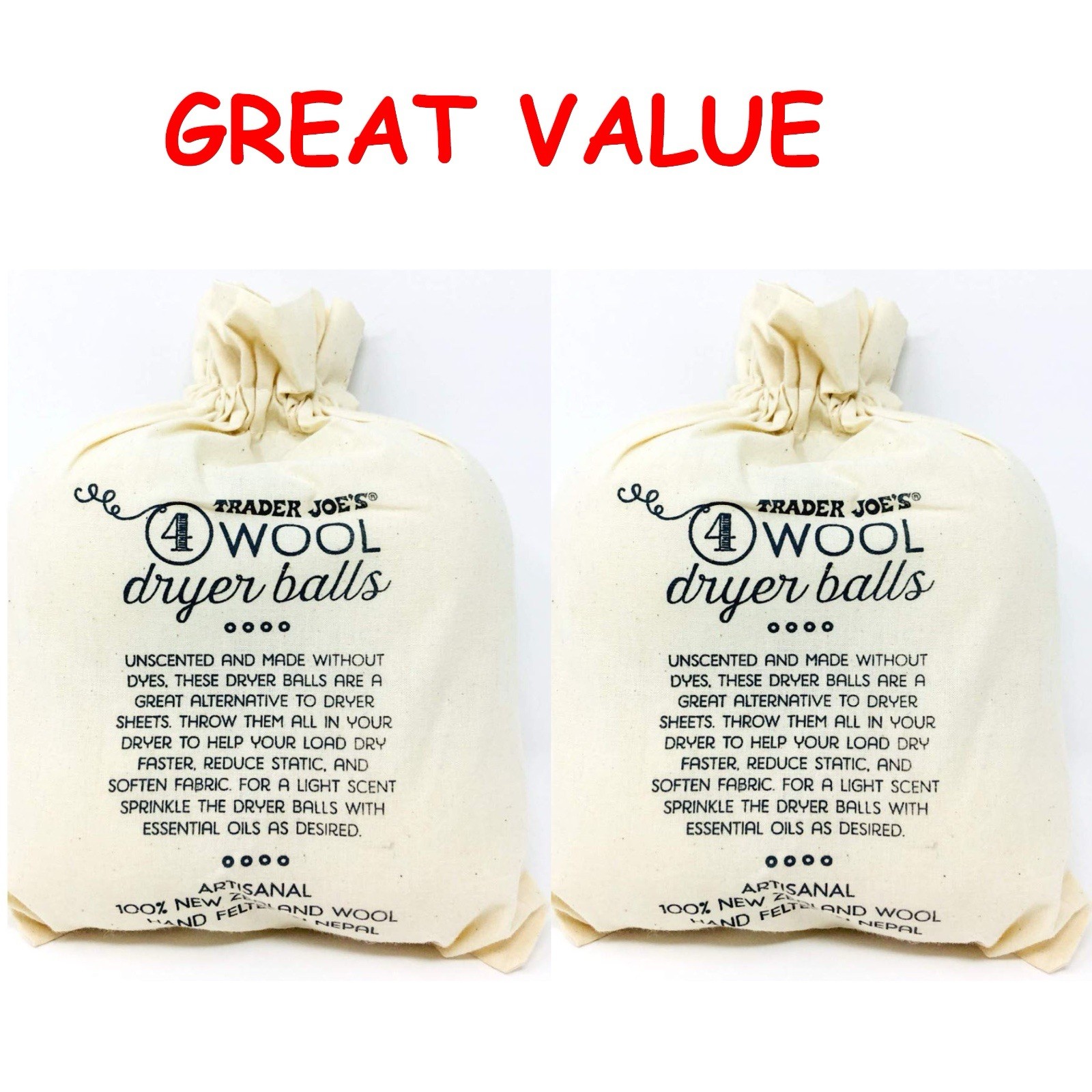 Trader Joe’s Wool Dryer Balls 4-Pack White Scent Free Softener Fast Drying