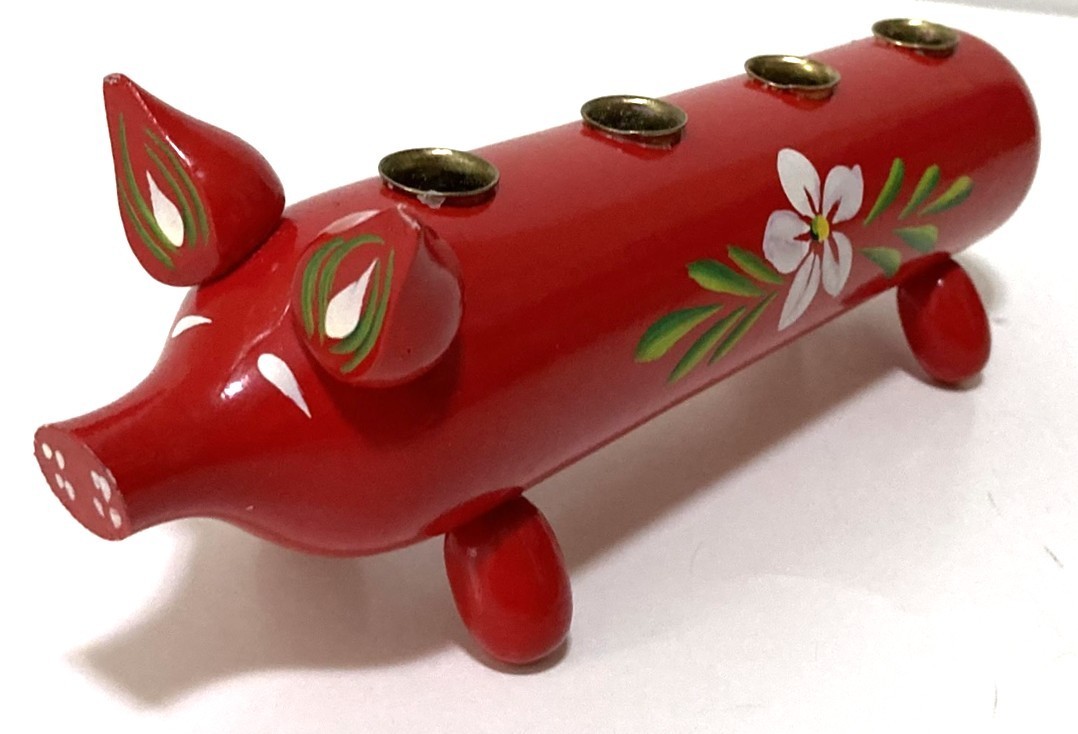 Red Wooden Pig Candle Holder 7.75″L Sweden Hand Painted Flowers Folk Art