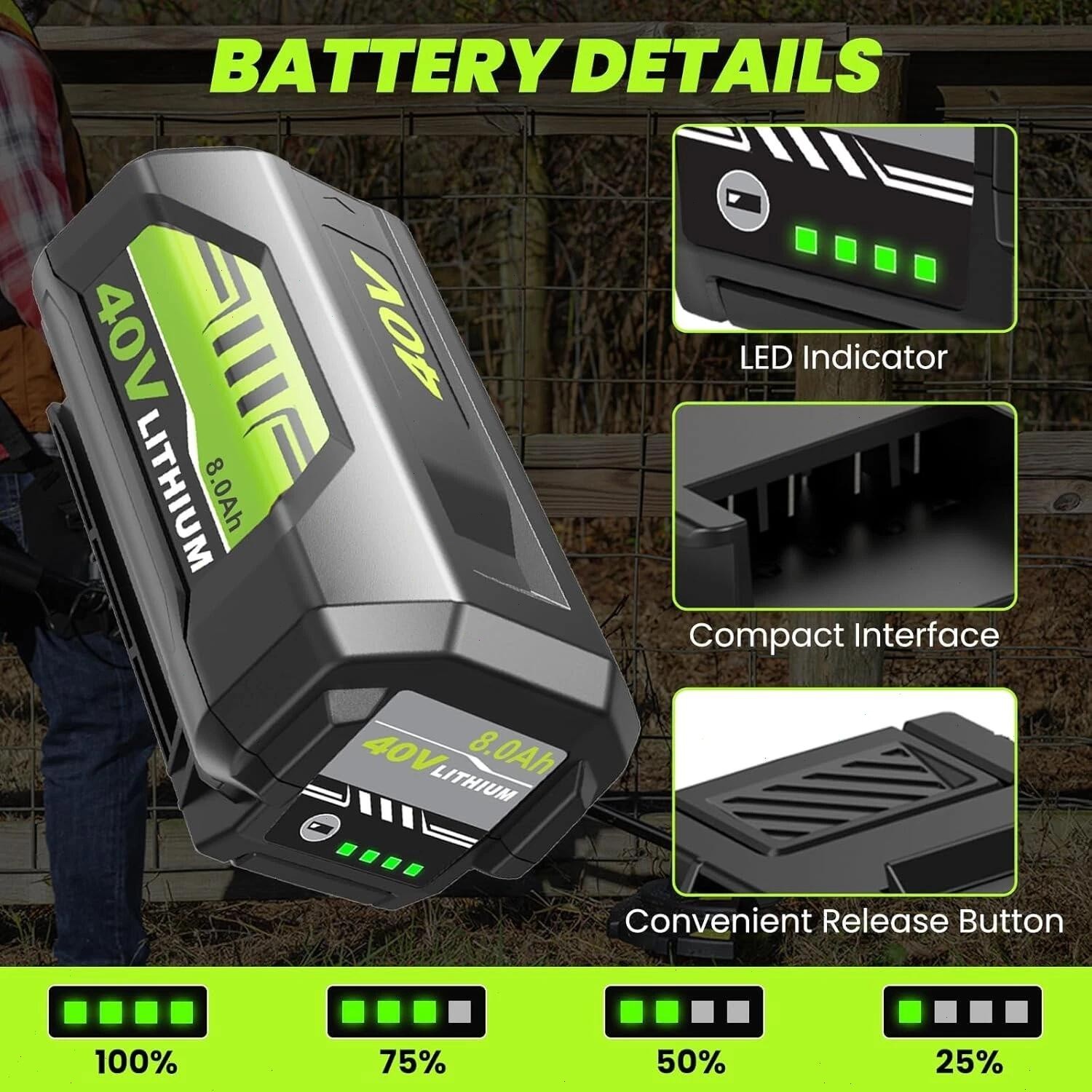 2Pack 8.0Ah Battery 40 Volt for Ryobi 40V Lithium-ion OP40602 Battery with LED