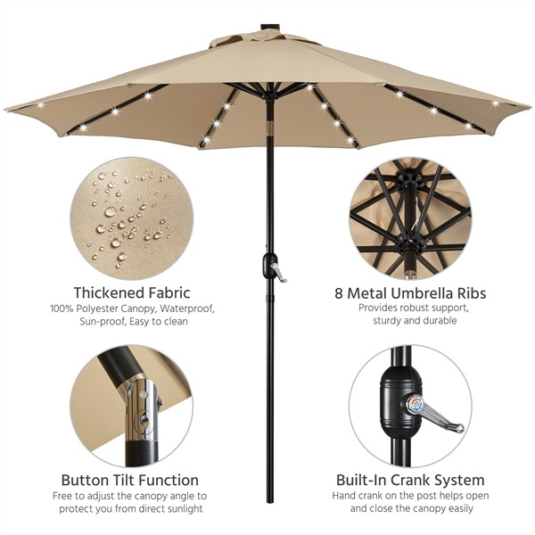 9FT Patio Umbrella Market Umbrella w/ 32 LED Lights & Push Button Tilt & Crank