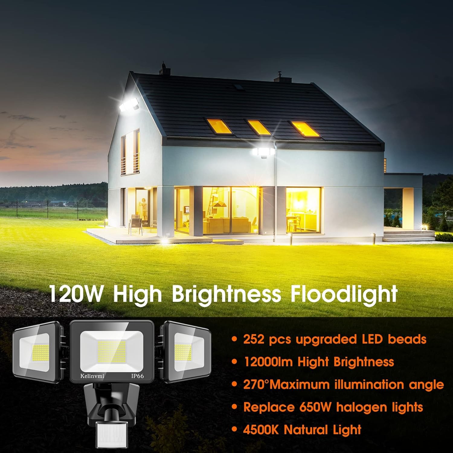 120W Ultra Bright 12000LM 4500K Motion Sensor Outdoor LED Security Flood Lights