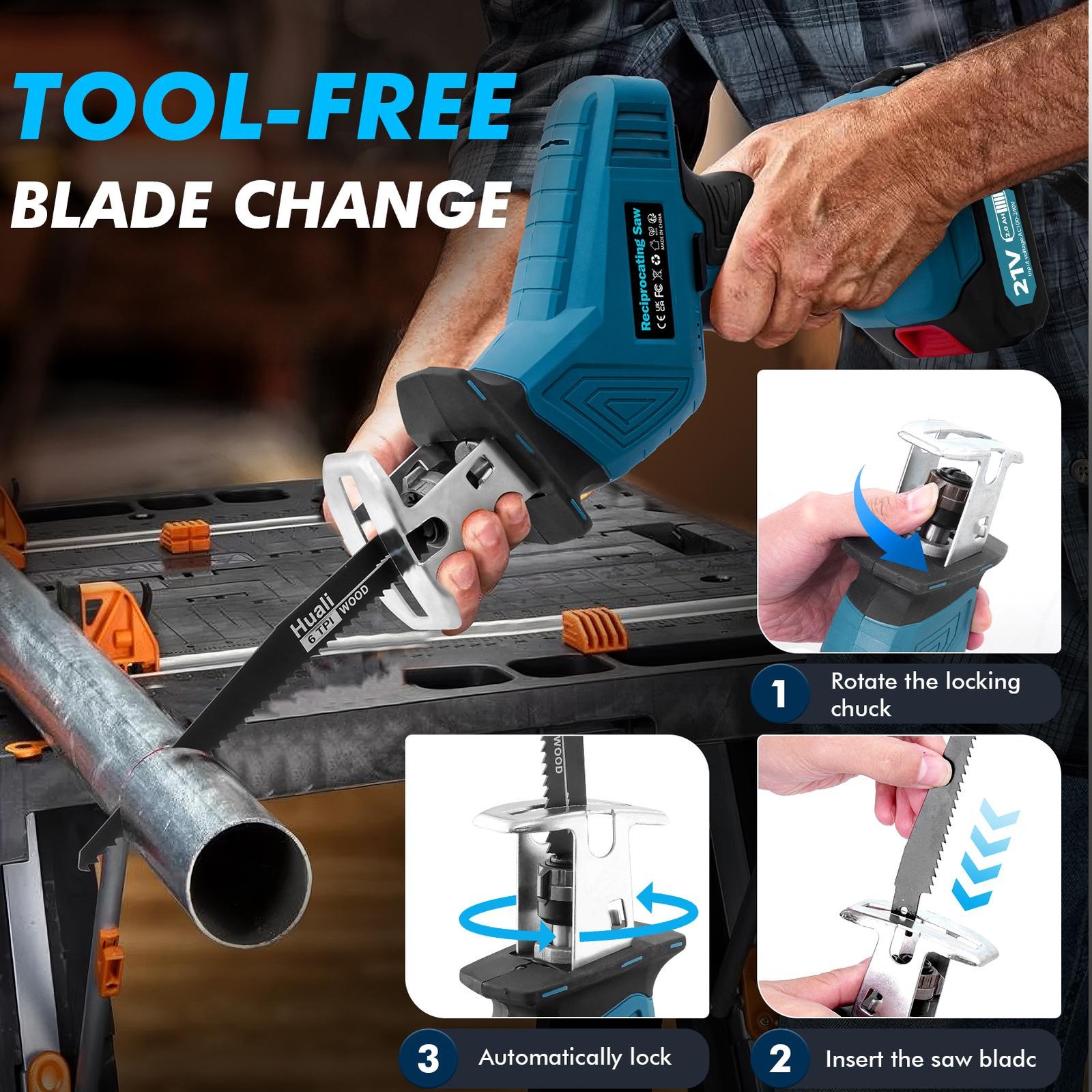 21V Cordless Reciprocating Saw Brushless with 2 Battery & Charger & 8 Saw Blade