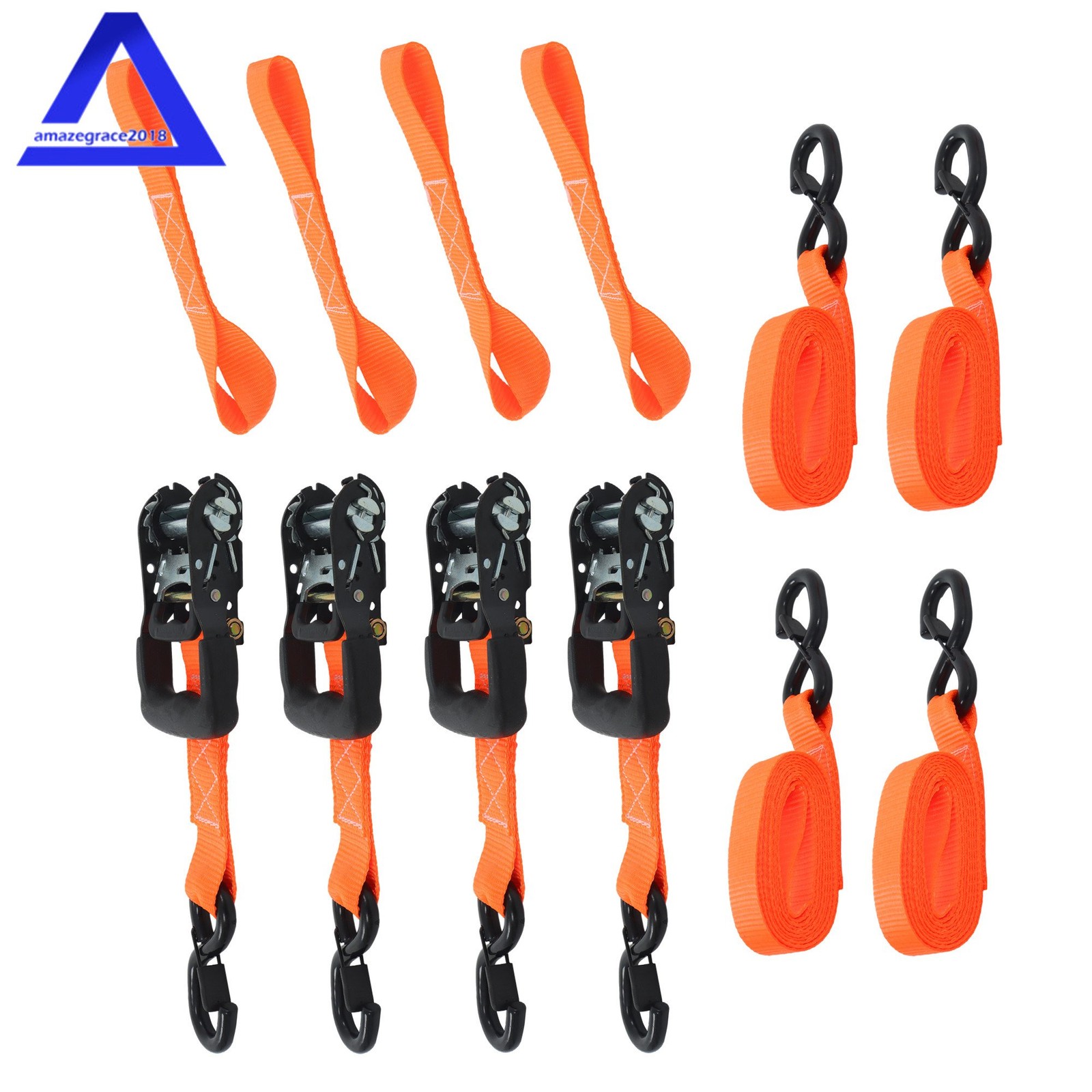 4Pack 1.6″ × 8 Feet Heavy Duty Tie Downs 5208Lbs Ratchet Straps W/ S Hook Orange