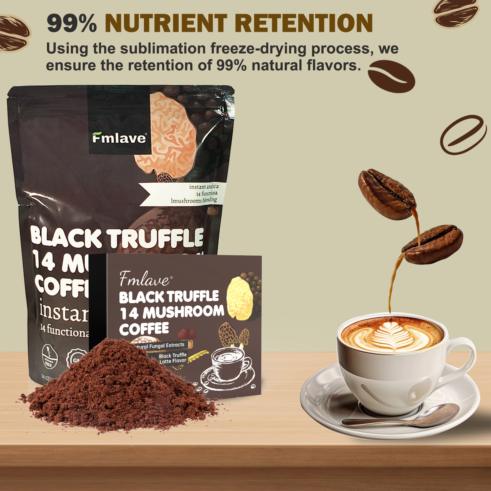 Organic Mushroom Coffee Instant Coffee, 14 Mushroom Extract Energy & Brain Boost