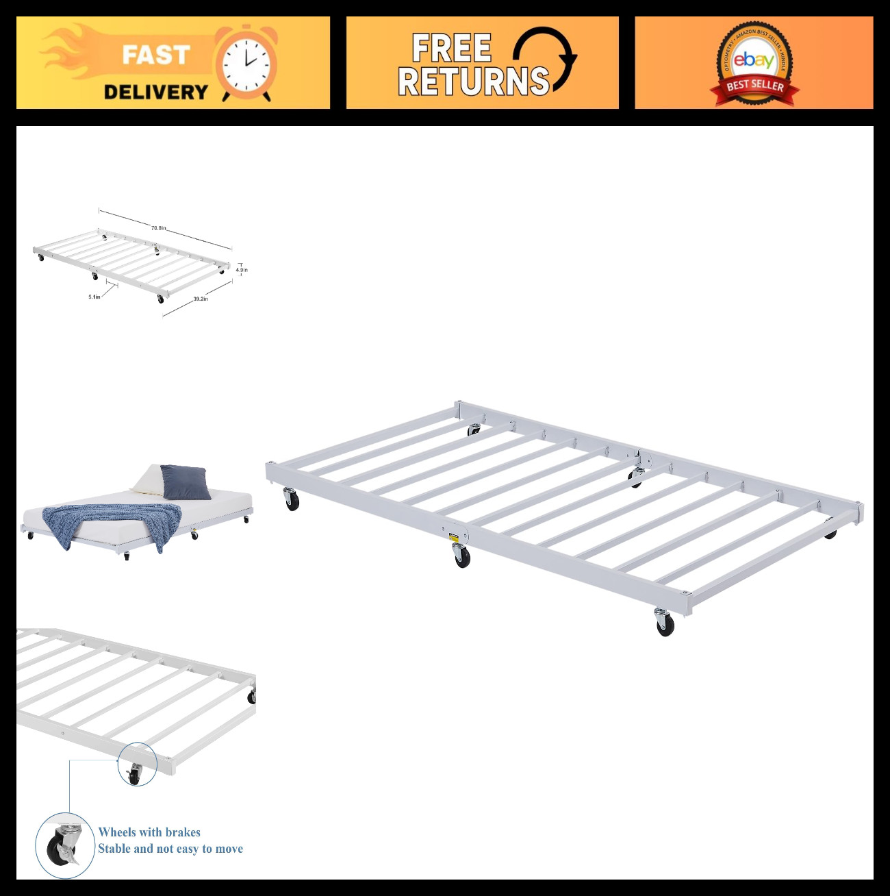 Twin Trundle Bed Frame with Roll-Out Feature, Metal Slats & Lockable Casters, Wh