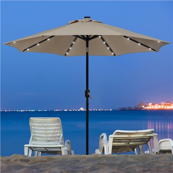 9FT Patio Umbrella Market Umbrella w/ 32 LED Lights & Push Button Tilt & Crank