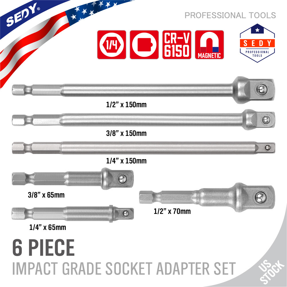 6Pc Socket Adapter Impact Hex Shank Drill Bit Power Extension Bar 1/4″ 3/8″ 1/2″
