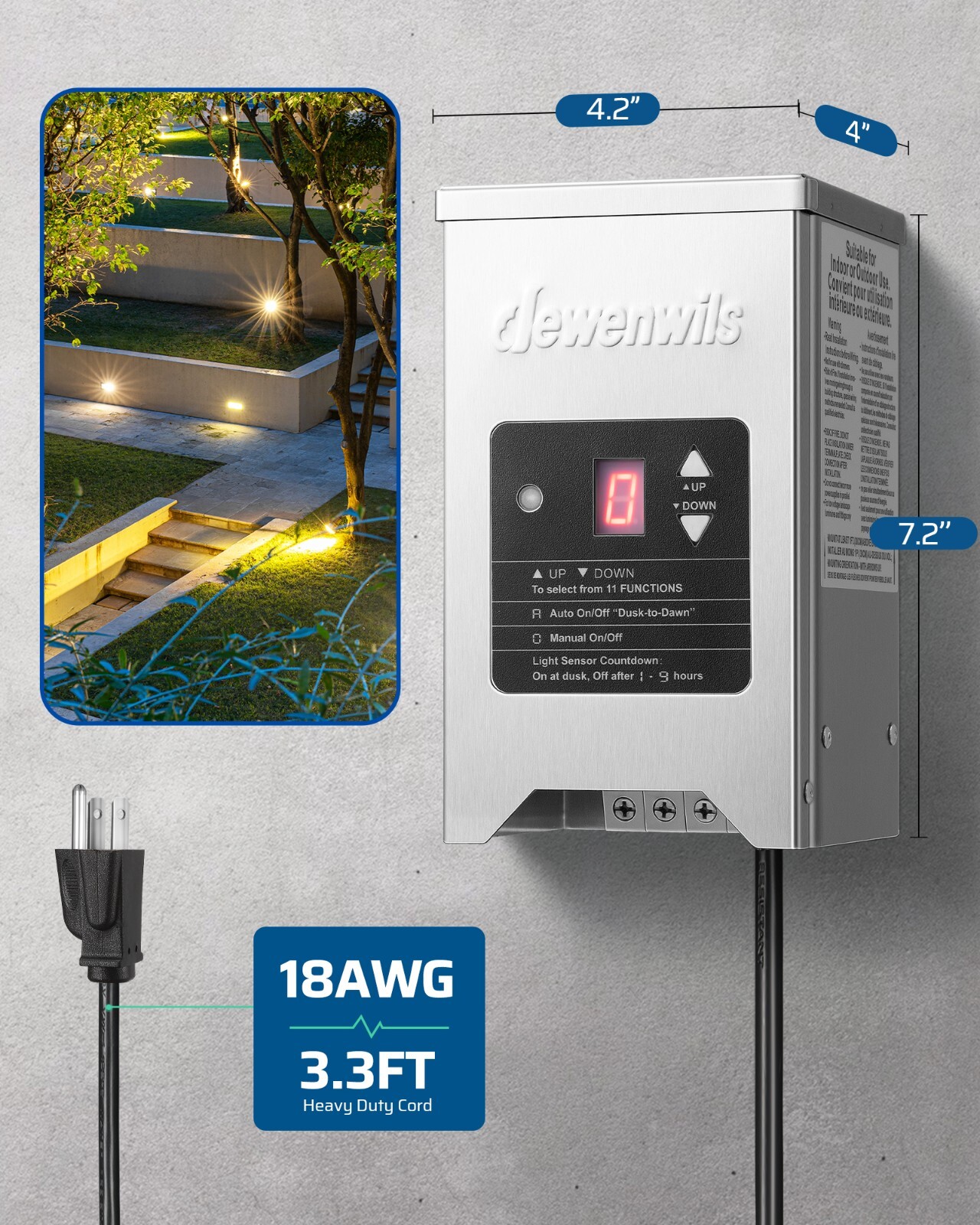 DEWENWILS 150W Landscape Lighting Transformer, Photocell & Timer, 12V/15V AC