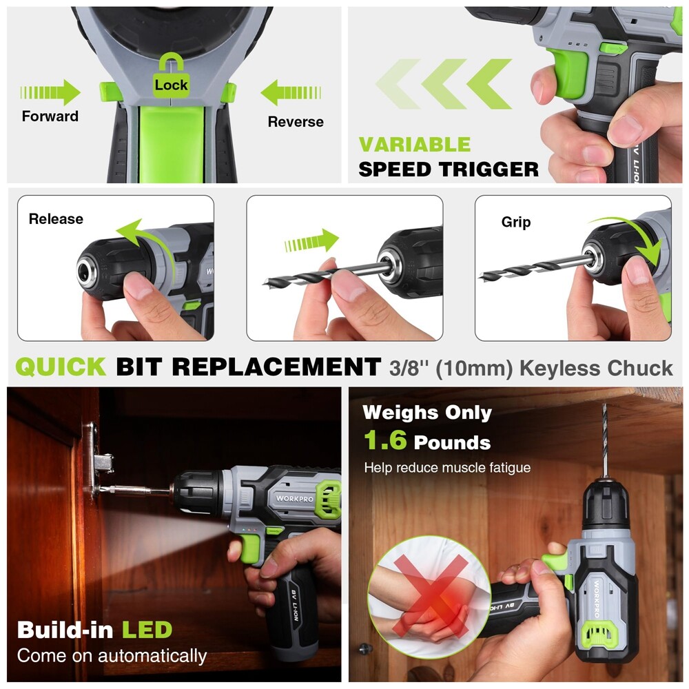 WORKPRO Cordless Power Drill Set 8V Drill Driver 2.0Ah Electric Screwdriver Kits