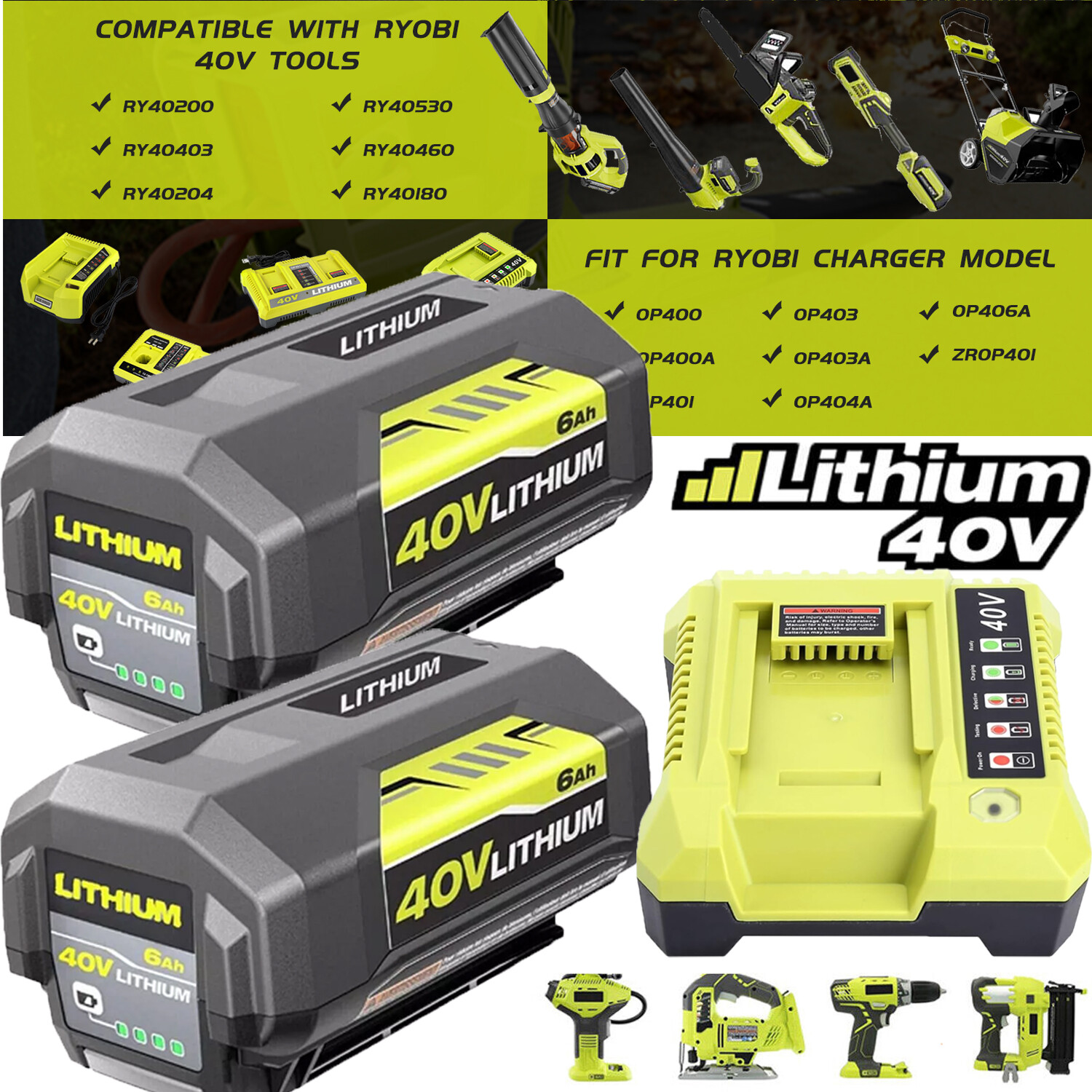1/2X Battery For Ryobi 40V With LED Lithium-Ion 40-Volt OP406VNM OP40602