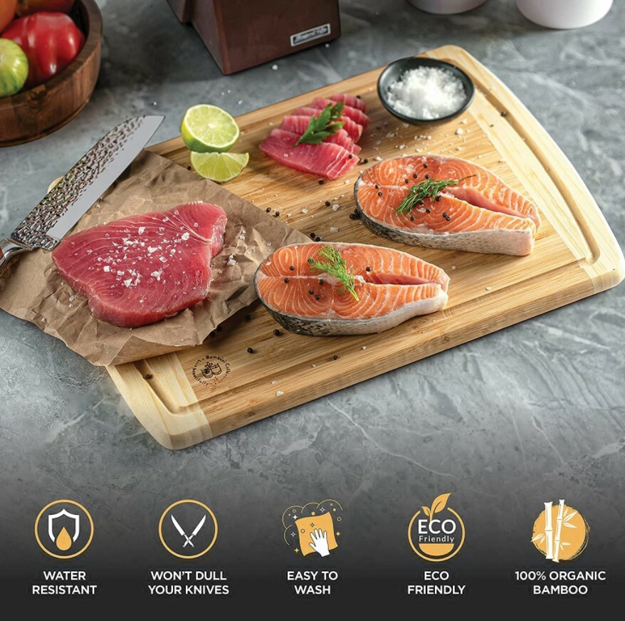 Large Bamboo Kitchen Cutting Board – Wood Chopping Board / Butcher Block, 18x 12