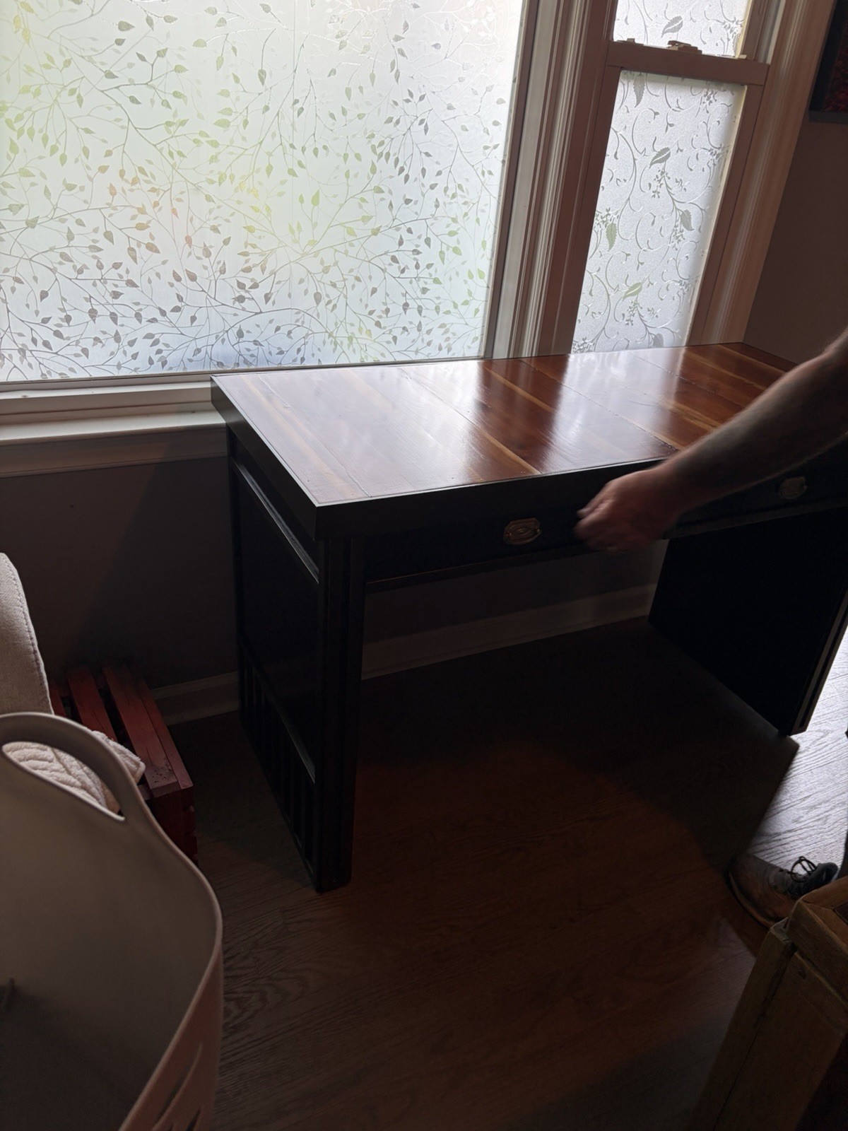 Computer Desk 52x20x35 in, 2 Drawers, Medium Wood Brown Top, Black Base