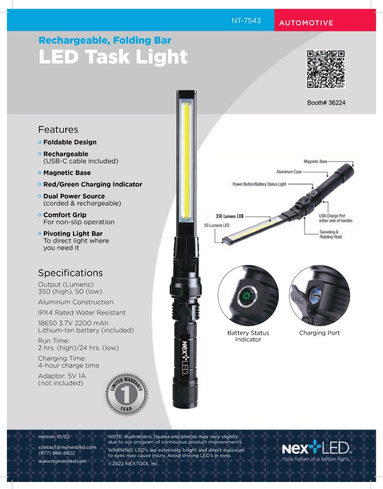 350 Lumen USB Rechargeable Work Light with Magnetic Base, COB LED Light, NextLED