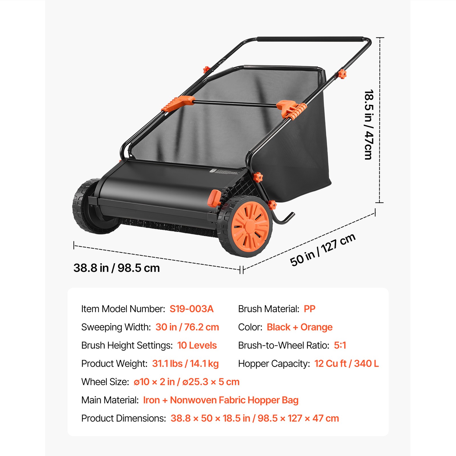 Uimoso Push Lawn Sweeper 30 in with 12 cu. ft. Hopper for Leaves Collection