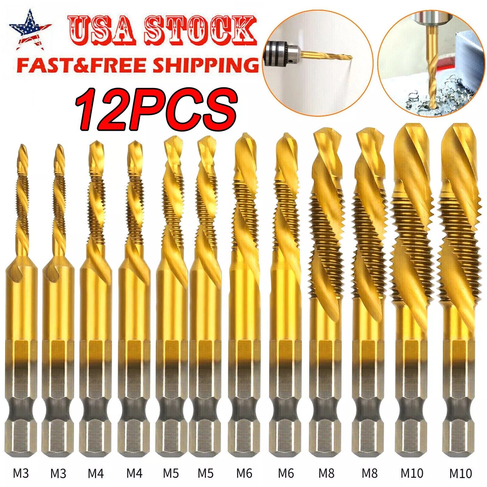 12Pcs HSS Titanium Coated Twist Drill Bit Set M3-M10 Hex Shank For wood Metal