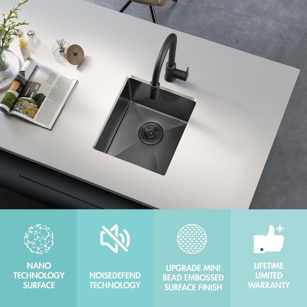 Attop 15″ Undermount Single Bowl 18-Gauge Nano Black Stainless Steel Sink