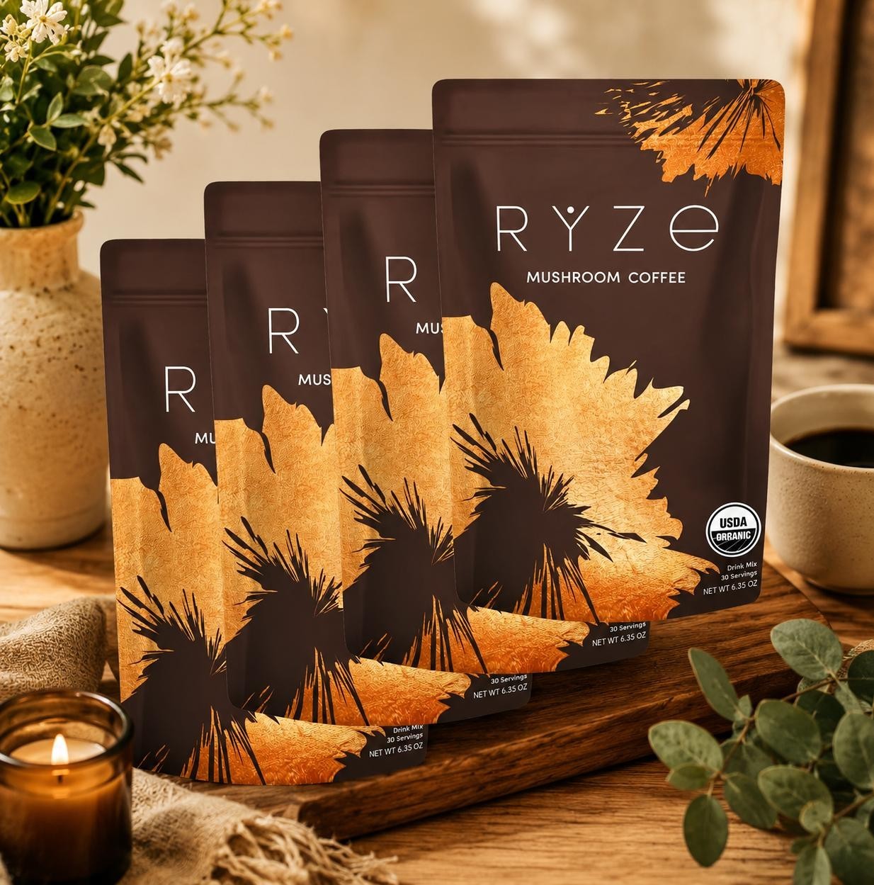 4 Pack Organic Ryzee Mushroom Coffee, 30 Servings Each Bag , Free Shipping