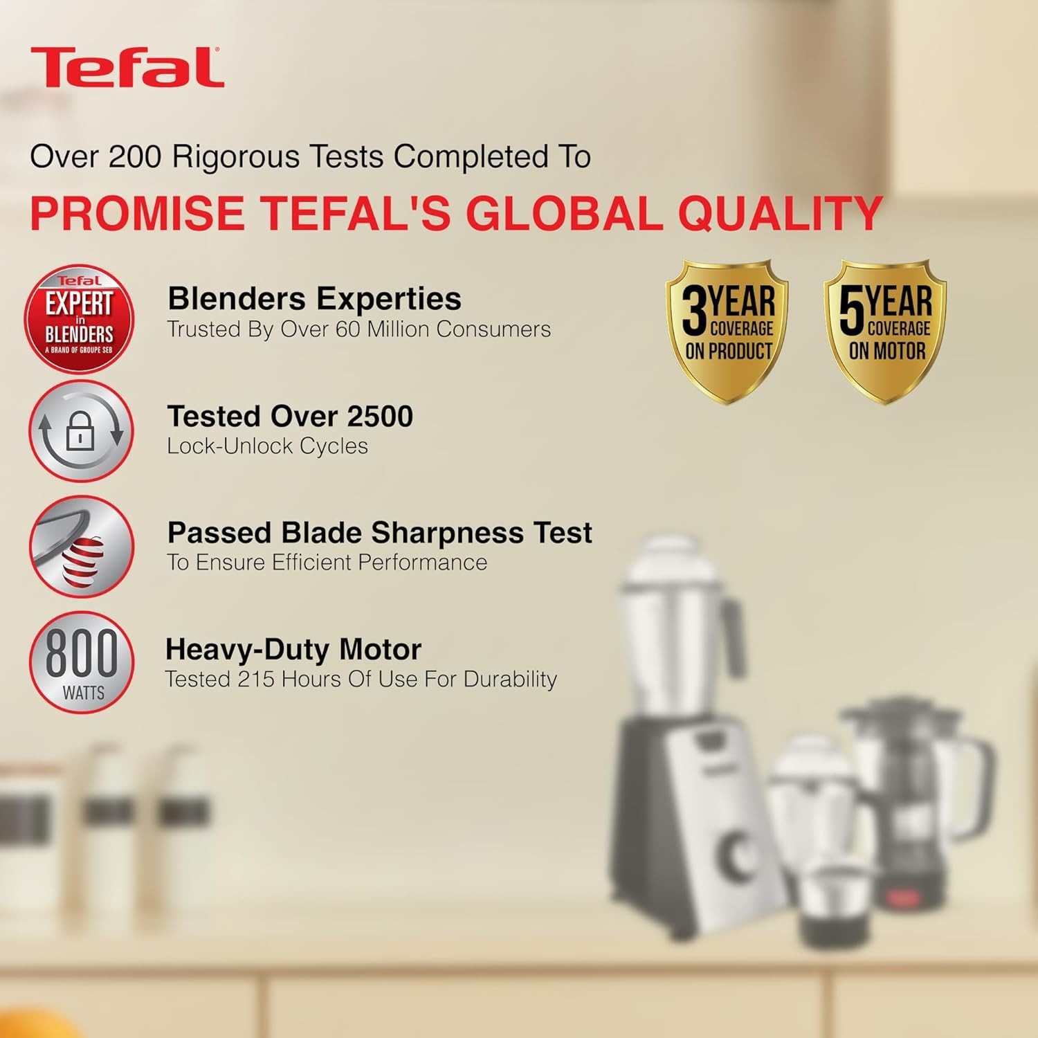 Tefal Mixer Grinder 800W PoweliX Blade Fast Grinding Fruit Filter Blender Jar