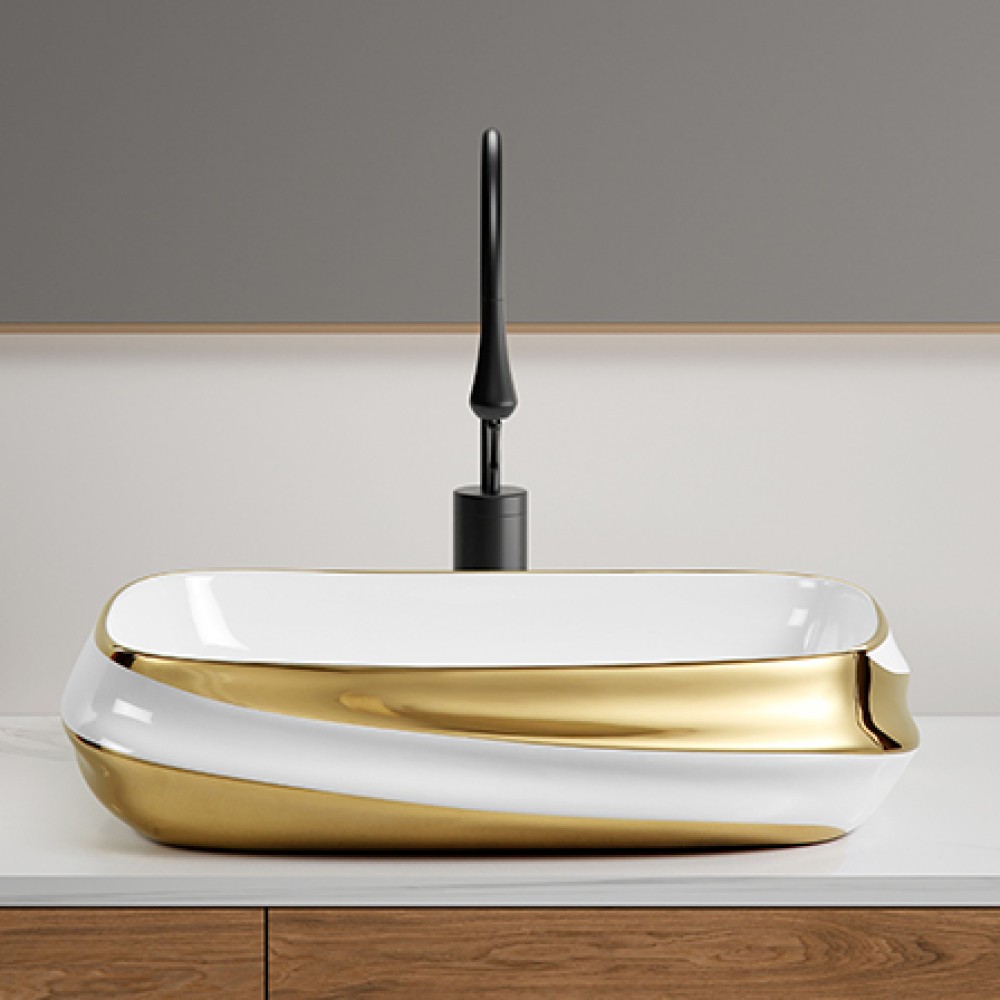 24X17 Ceramic Bathroom Vessel Sink Above Counter Modern Vanity Art Basin Gold