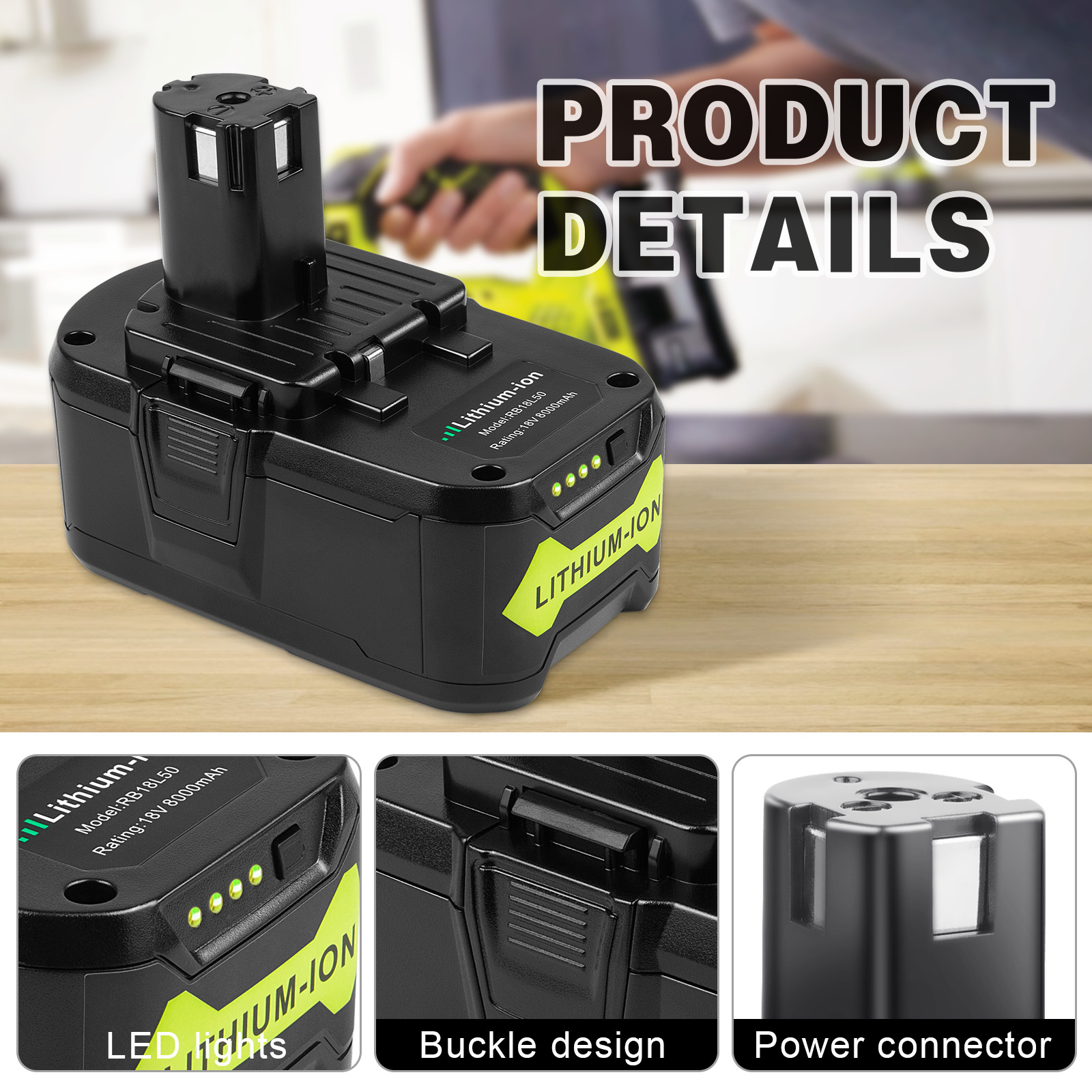 2X 8.0Ah 18V Replace Battery For Ryobi Lithium P108 RB18L50 RB18L40 With LED