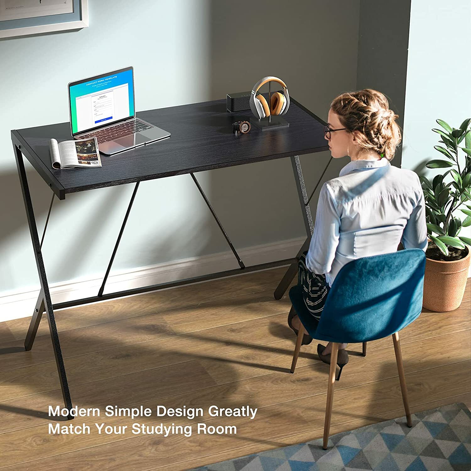 Mehoom Modern Metal Study Desk for Home Office, Table, Black, 35.4″