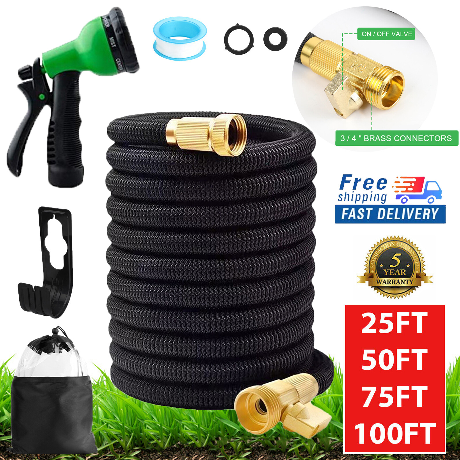 Expandable Garden Hose Pipe Flexible Water Hose w Spray Nozzle 25, 50, 75, 100FT