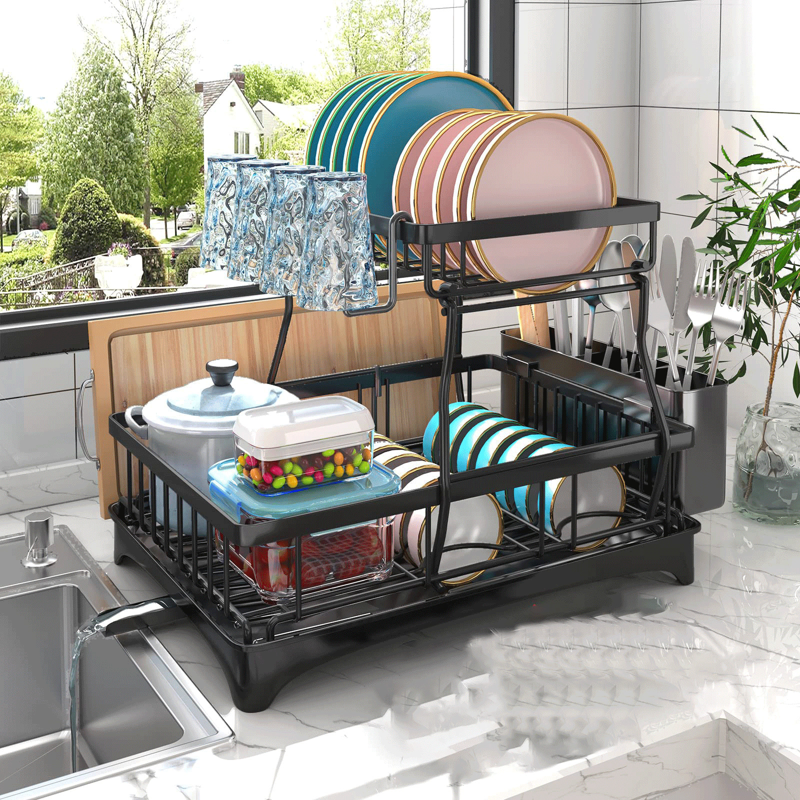 Over Sink Dish Drying Rack 2-Tier Stainless Steel Kitchen Shelf Cutlery Drainer