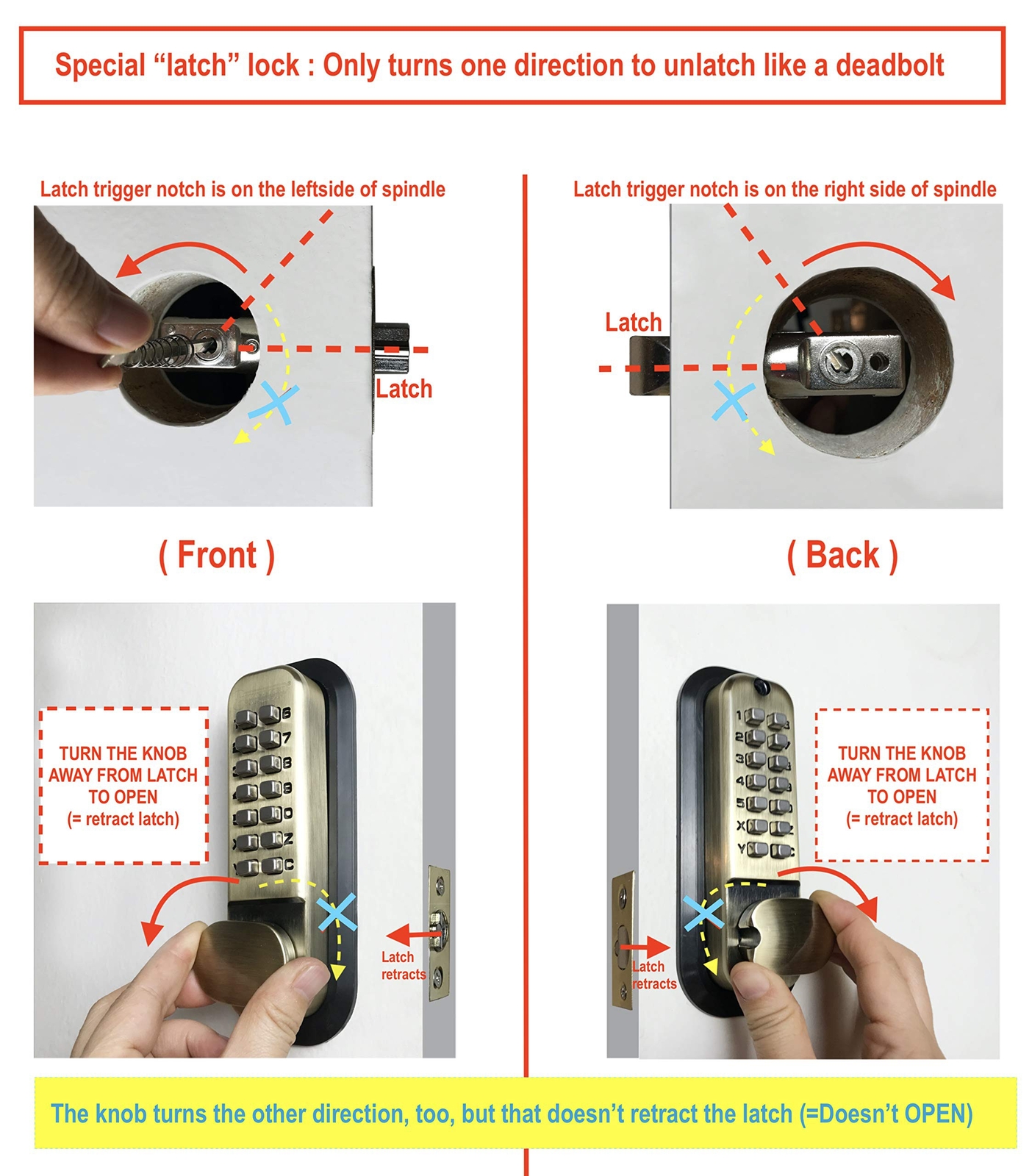 Mechanical Keyless Combination Latch Door Lock with Double Keypads Oil Rubbed