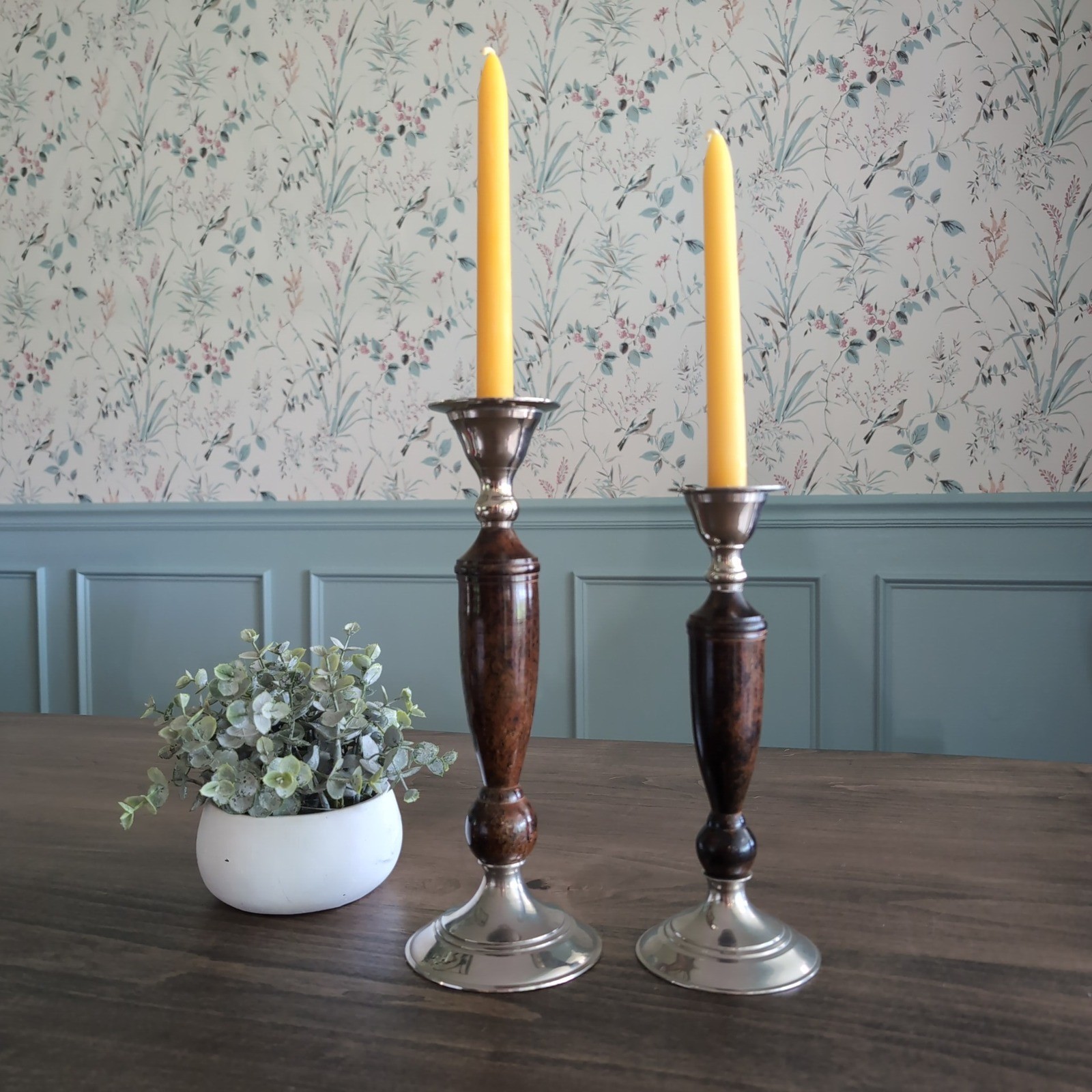 Vintage Candlestick Holders Silver Lacquered Wood~ Metal Set of 2~ India 70s MCM
