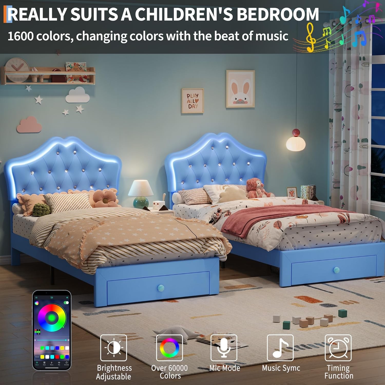 Twin Size Upholstered Bed Frame w/ Storage Drawer & LED Headboard for Kids/Girls