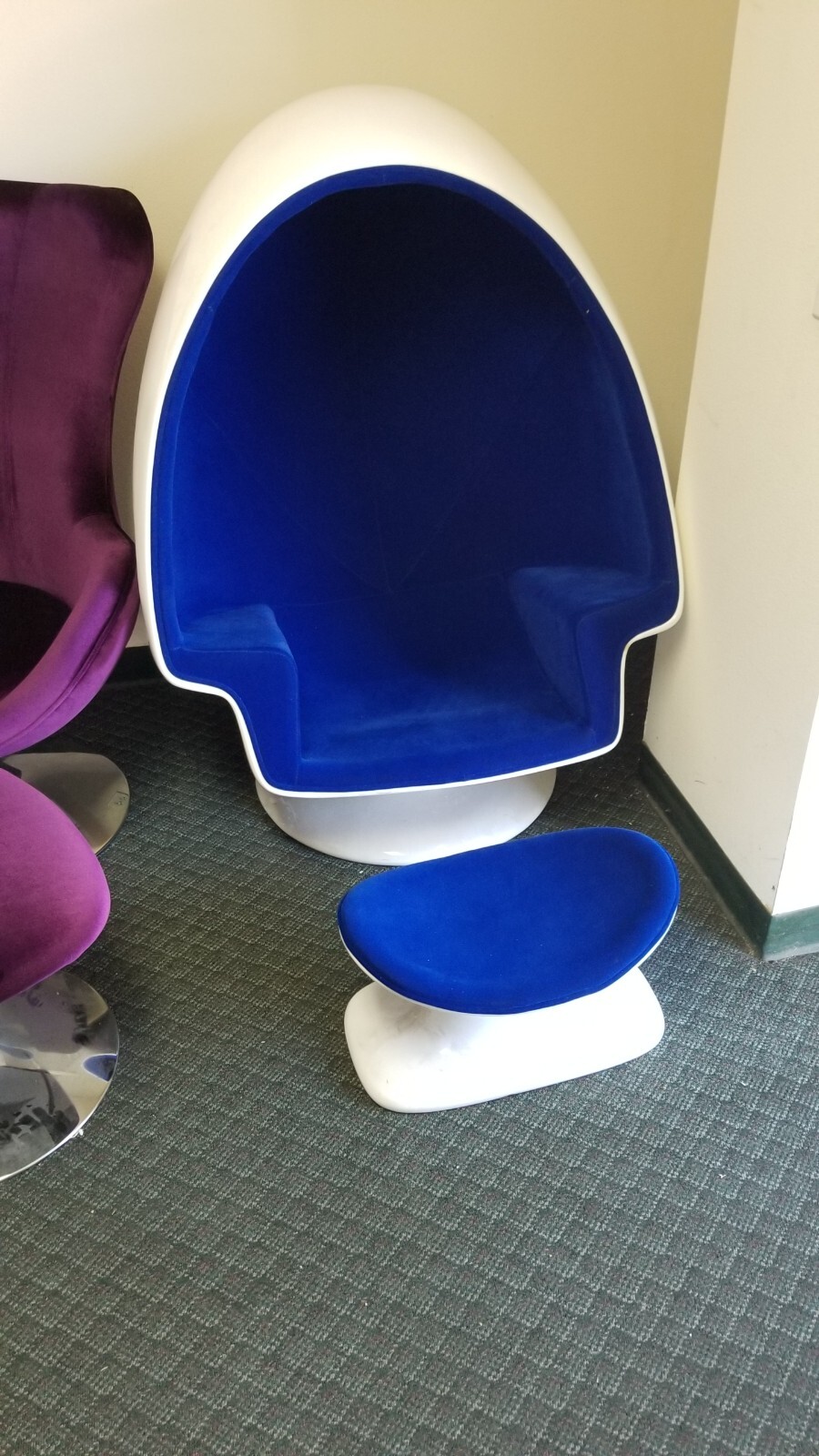 Alpha Egg Chair and Ottoman blue Fabric White egg shell Chamber shape #3021
