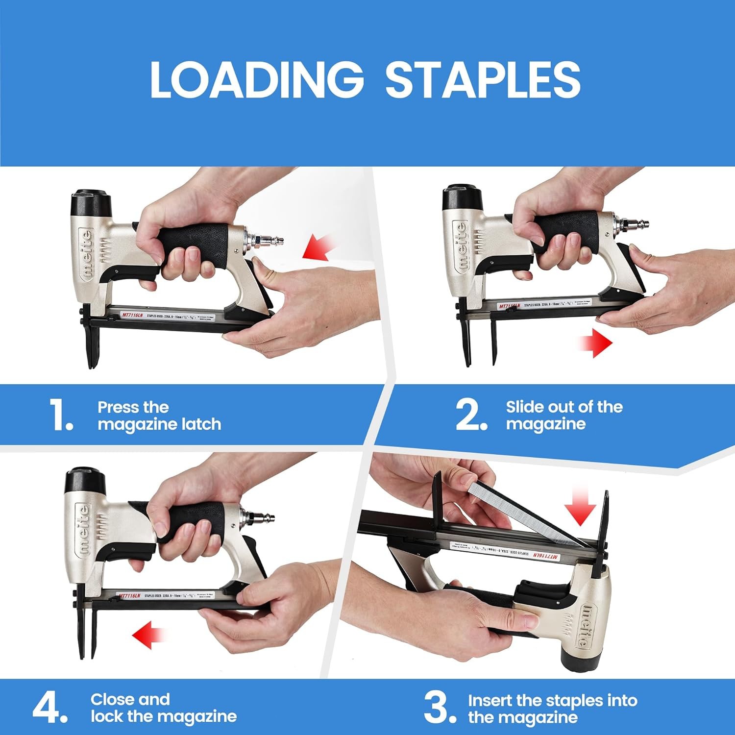 meite MT7116LN 22GA 3/8” Crown Pneumatic Upholstery Stapler with Long Muzzle
