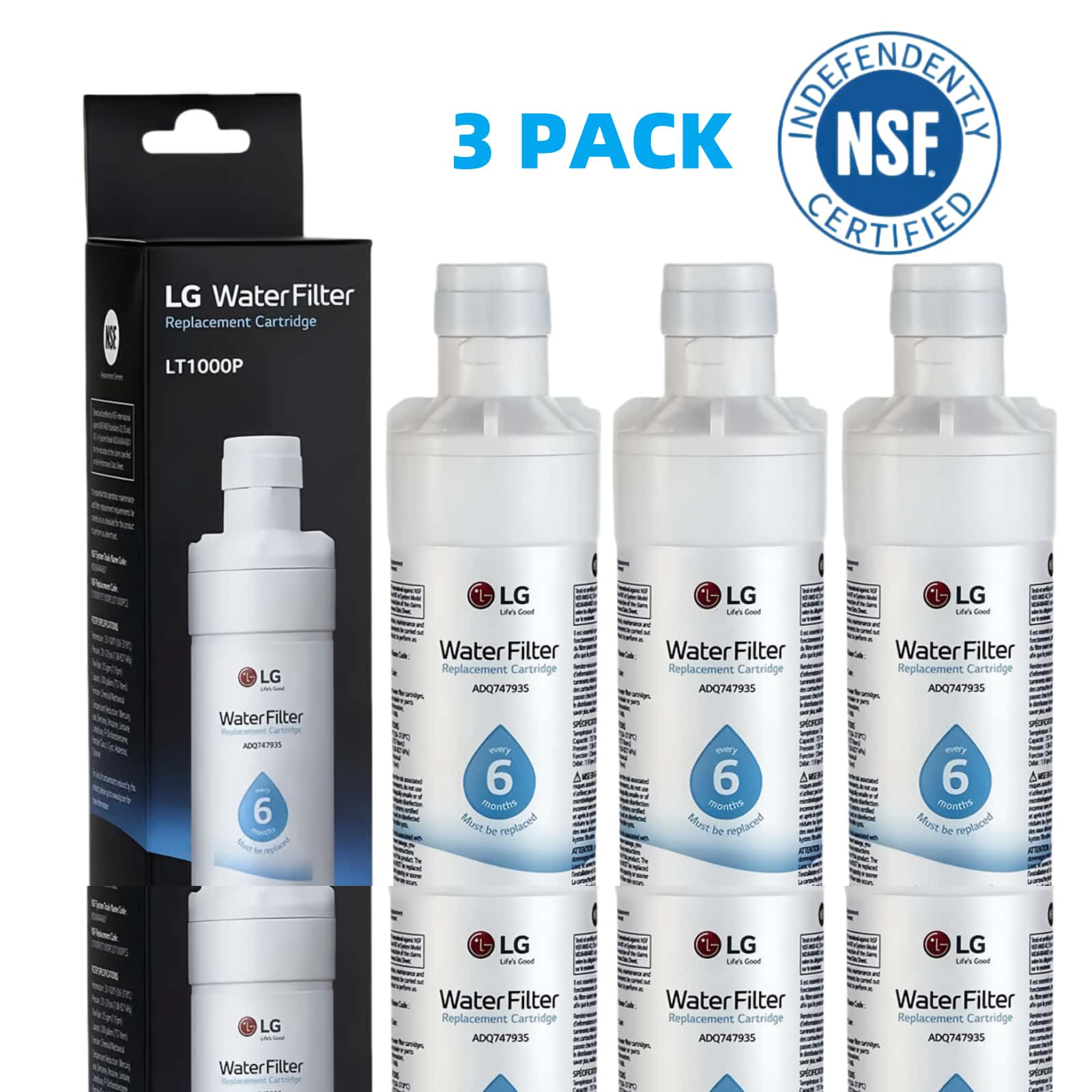 3 Pack LG LT1000P Refresh Refrigerator Ice Water Filter ADQ747935 GF-D706BSL USA