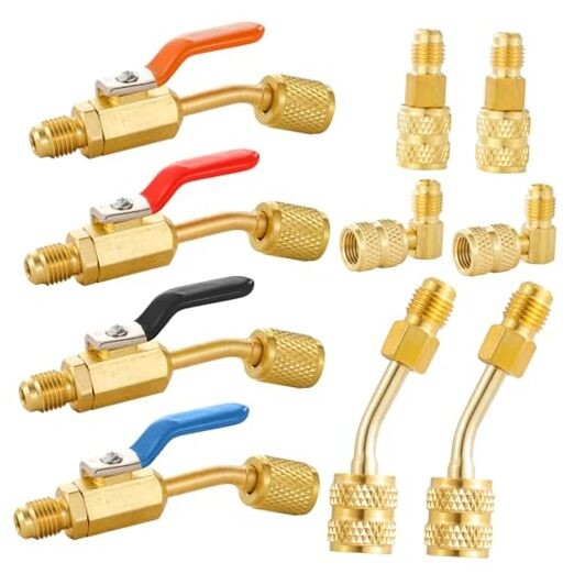 AC Refrigerant Angled Compact Ball Valve Set, 4 Ball Valve + 6PC R410A Adapter