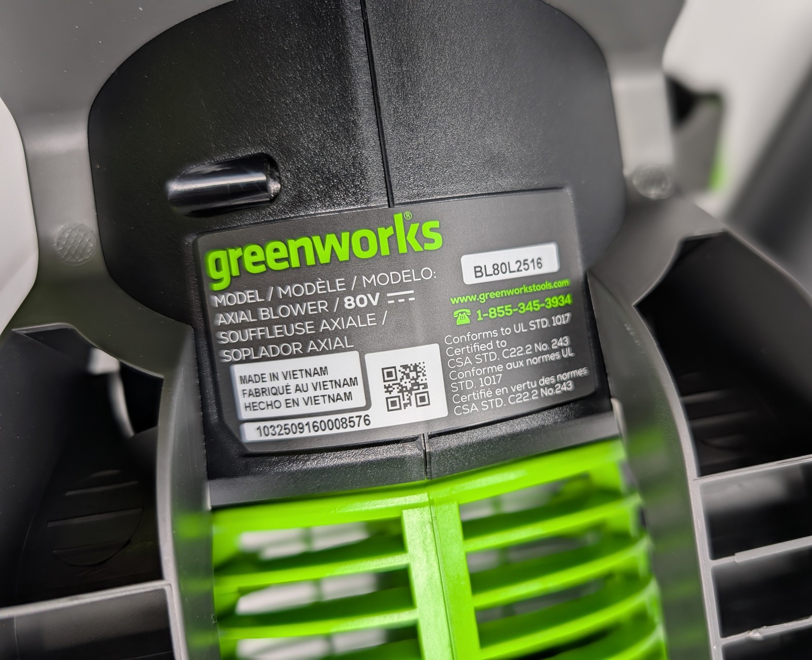 GREENWORKS 80-VOLT 750 CFM CORDLESS HANDHELD BLOWER,TOOL ONLY – GREEN GRAY BLACK