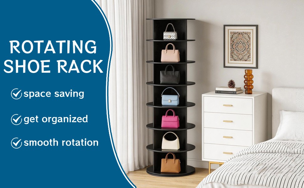 Rotating Shoe Rack Tower 7 Tier Organizer, Revolving 360 Black Shoe Rack Storage