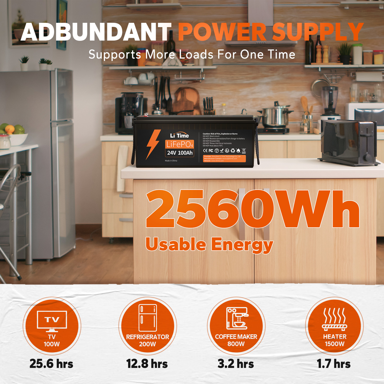 Litime 24V 100Ah LiFePO4 Lithium Battery 2.56kWh for RV Off-grid Solar Marine