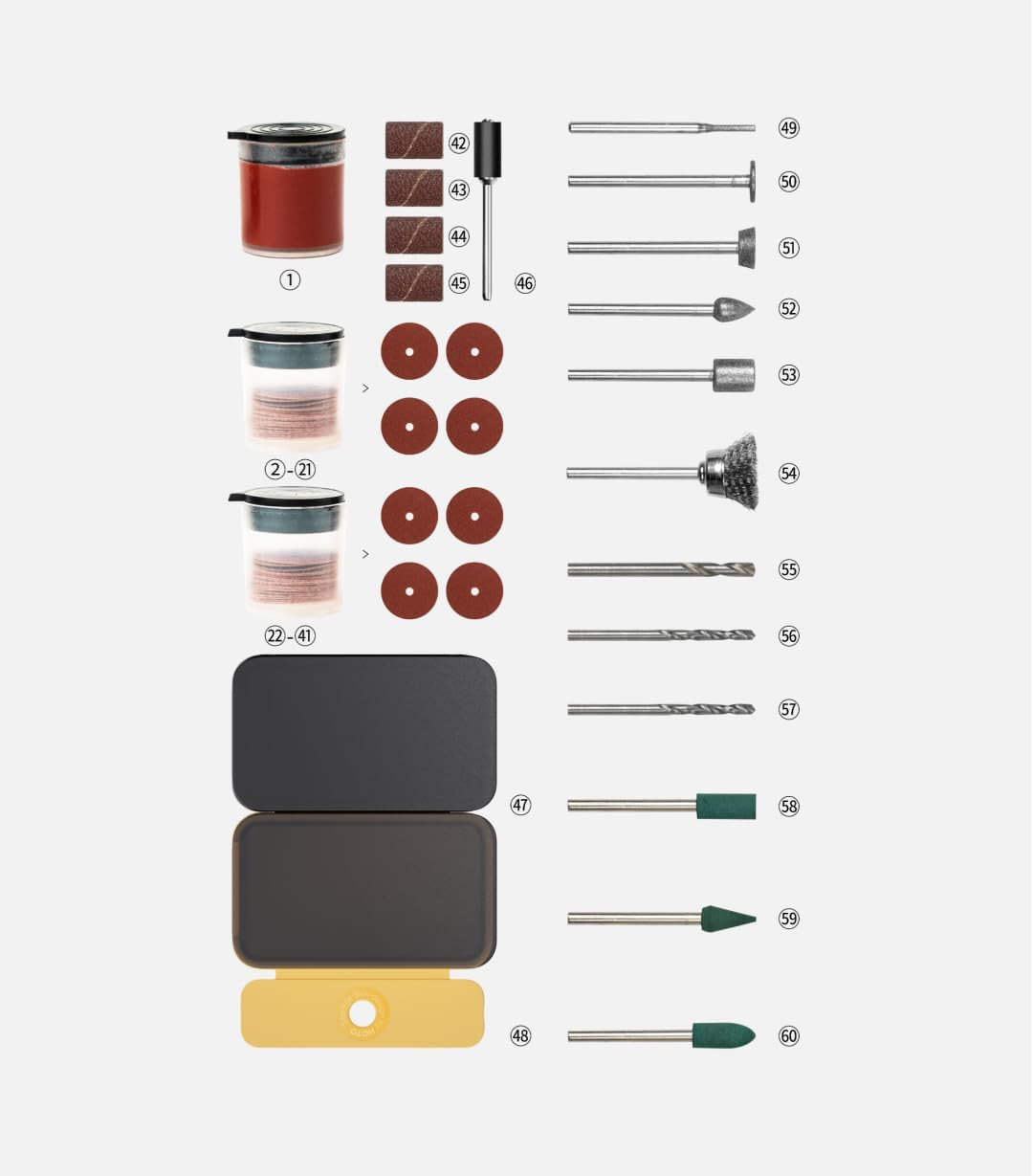 Rotary Tool Accessories Kit, 60-Piece Set, Fits 1/8” (3.2mm) & 3/32” (2.3mm),