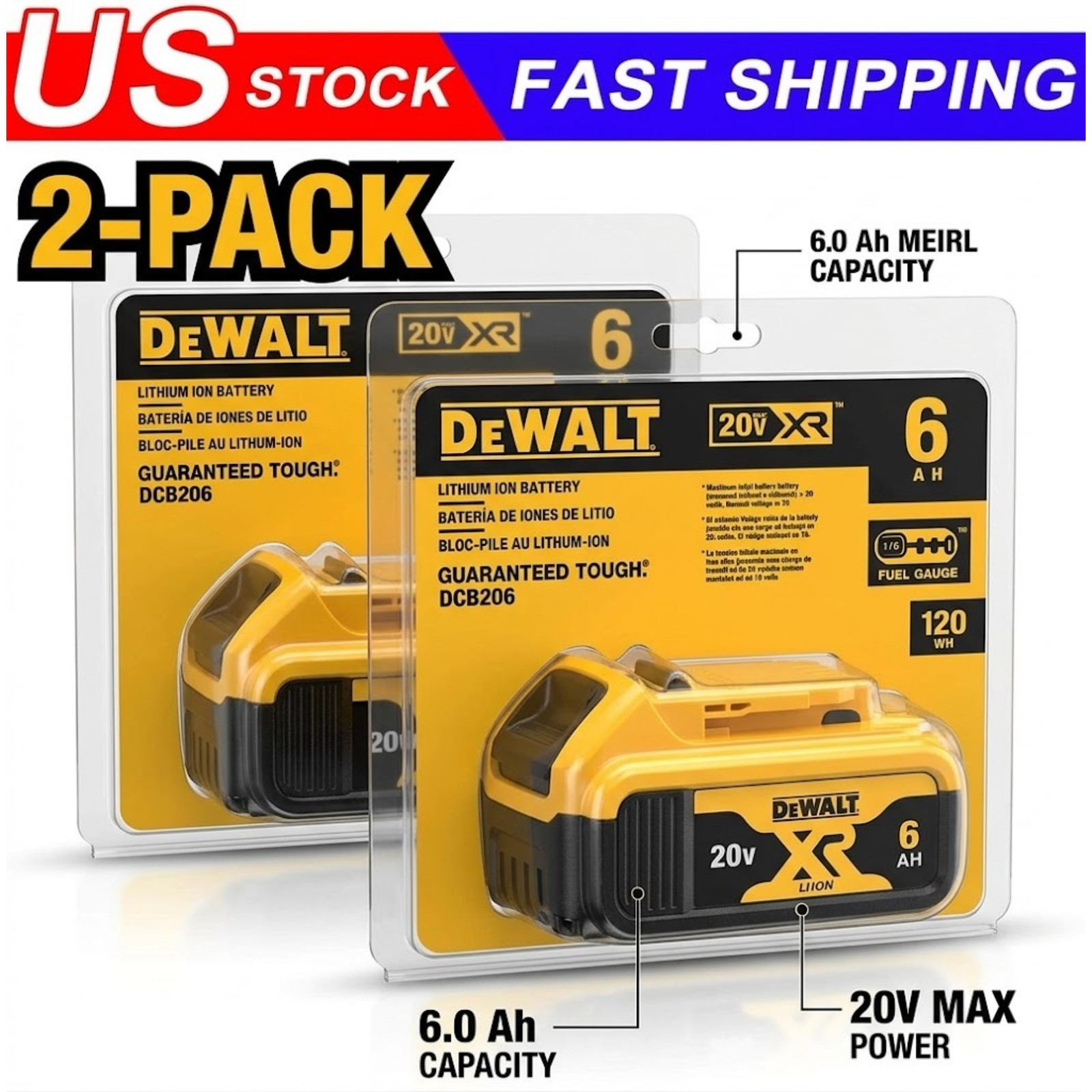 2-pack DeWalt DCB206 20V Max XR 6.0Ah Lithium Ion Batteries High Capacity Set