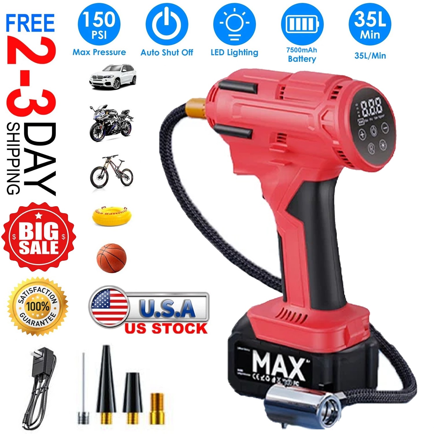 150PSI Cordless Tire Inflator Portable Air Compressor Car Air Tire Pump +Battery