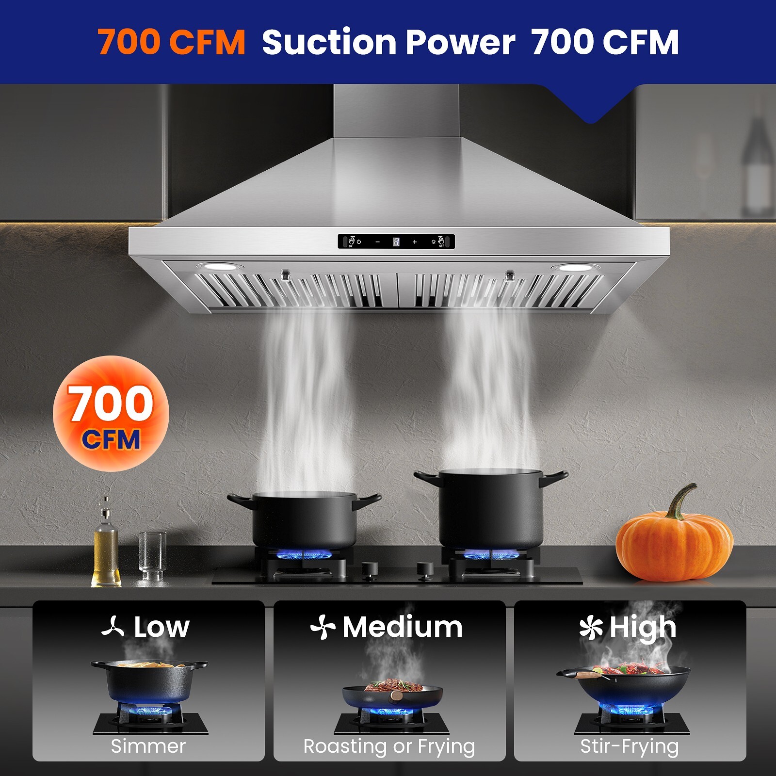 30 in Wall Mount Range Hood 700 CFM Kitchen Hood Stainless Steel Stove Vent Hood