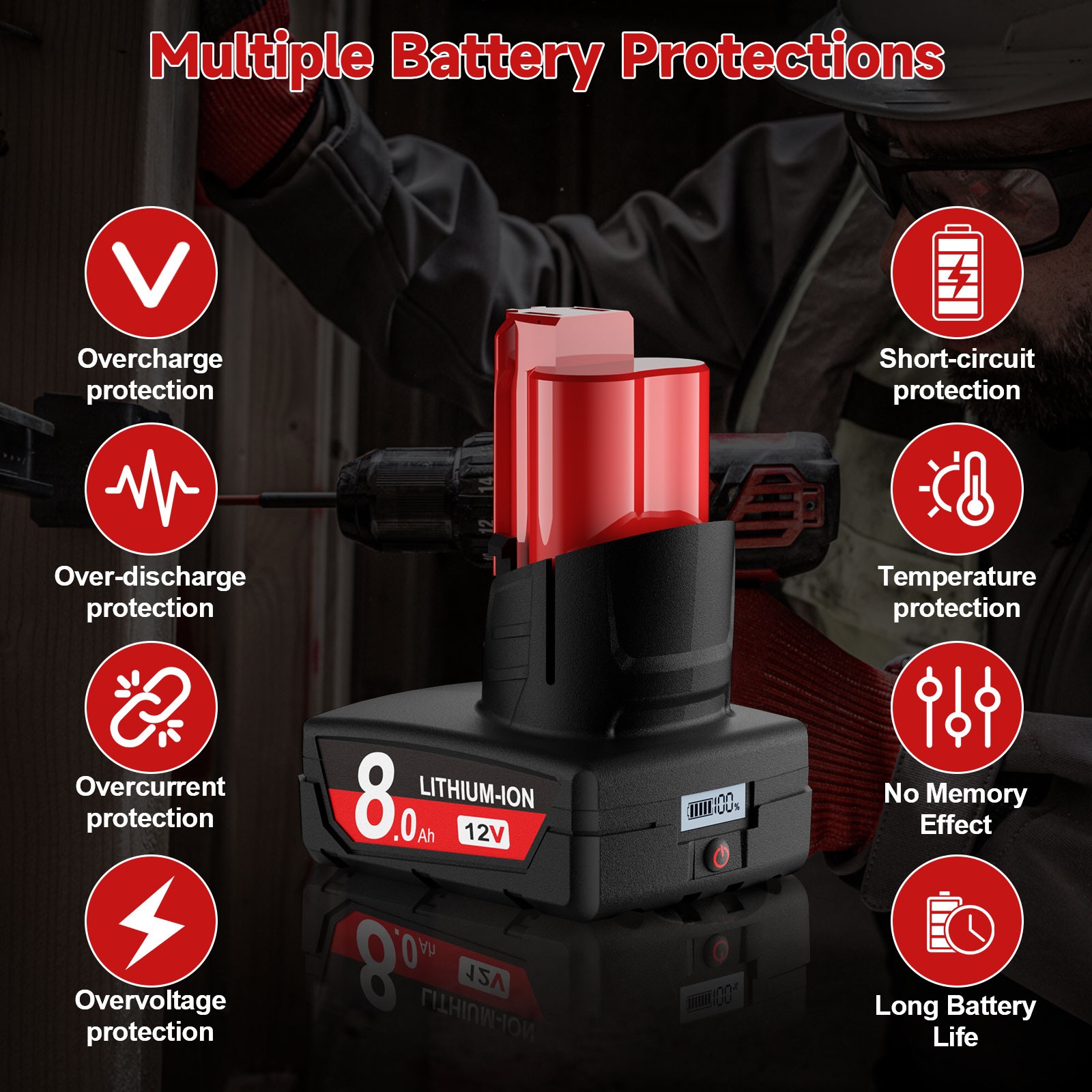 2PCS 8.0Ah 12V For Milwaukee For M12 Battery lithium Cordless 12V 48-11-2420